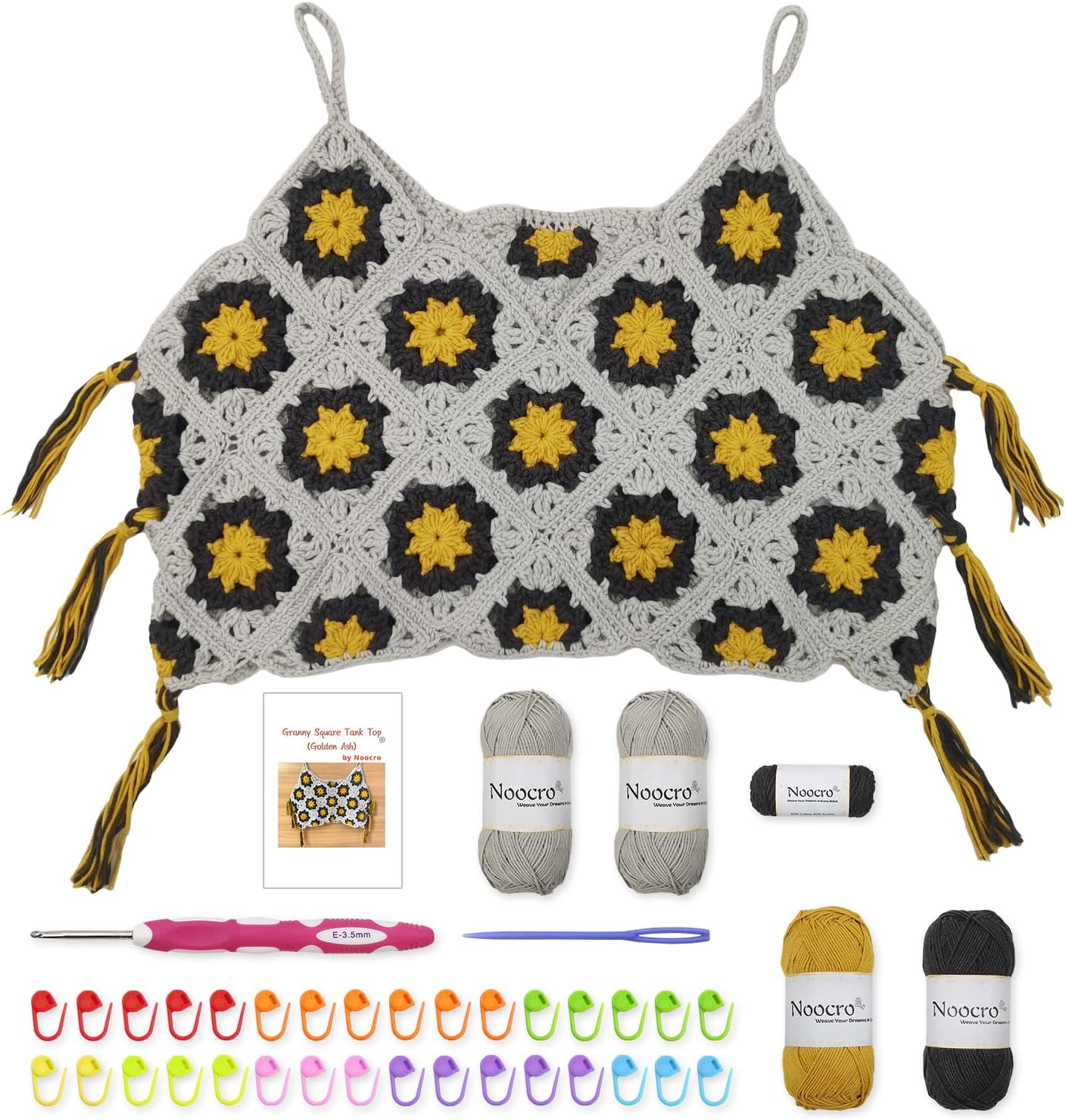 Noocro Granny Square Crochet Tank Top Kit – DIY Yarn Kit with Hook, Stitch Markers, Detailed Guide & Video Tutorial – for Intermediate or Ambitious Beginners (Golden Ash)