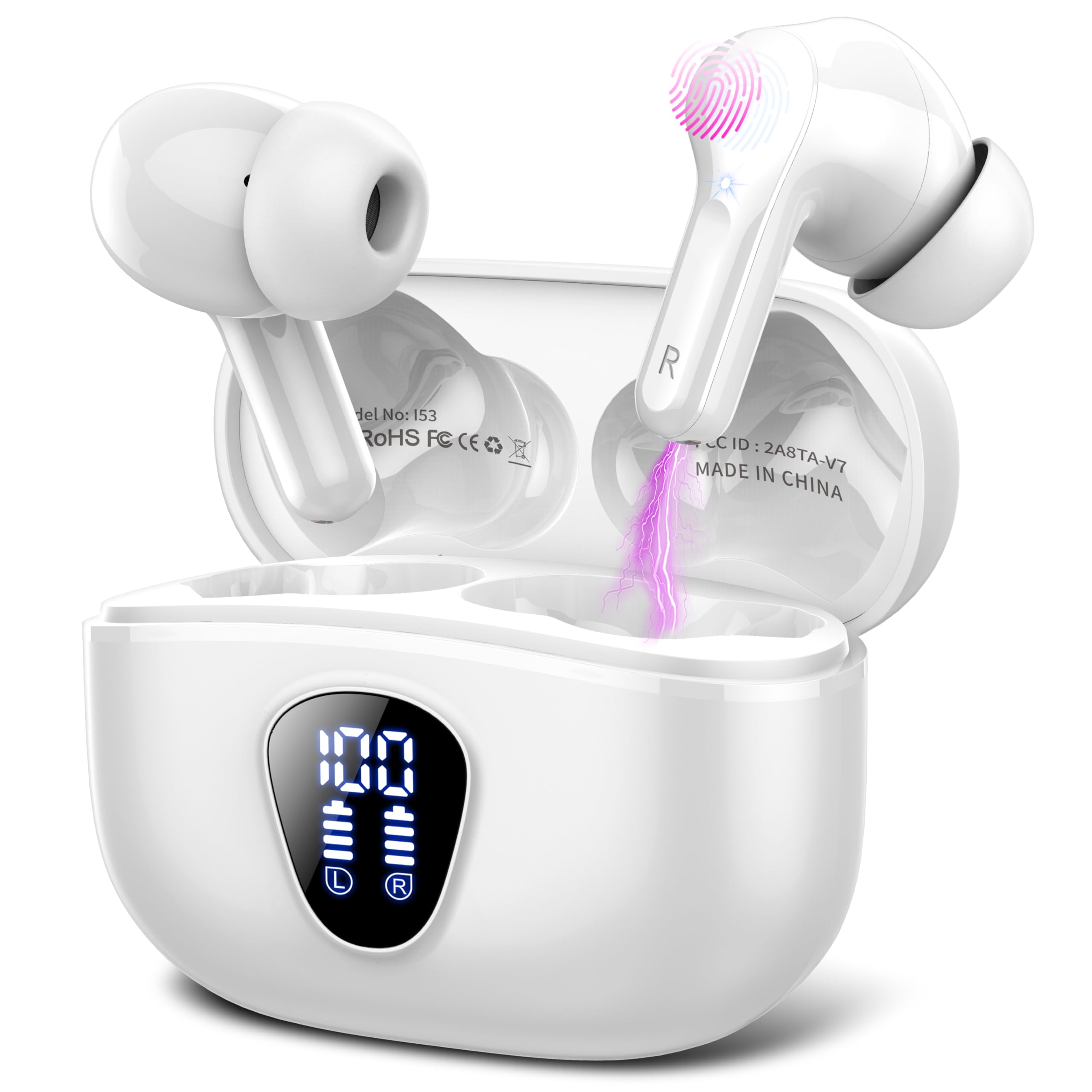 BESNOOW Ecouteurs Bluetooth sans Fil, Écouteurs 5.3 Oreillette Bluetooth Basses Immersives avec 4 ENC Mic, Casque sans Fil 40H avec Écran LED, Étanche IP7 Contrôle Tactile, Blanc