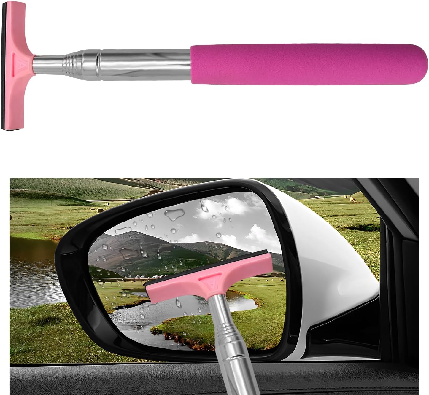 Car Rearview Mirror Wiper, Portable Side Mirror Squeegee Water Cleaner with Retractable Long Rod, Auto Window Squeegee Universal Cleaning Tool for Rainy Foggy Weather (Pink)