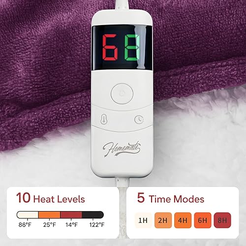 Miniatura 104 de Homemate - Manta eléctrica térmica con apagado automático en 1, 2, 4, 6 u 8 h, 10 niveles de calor, tela de franela y sherpa, protección contra 01