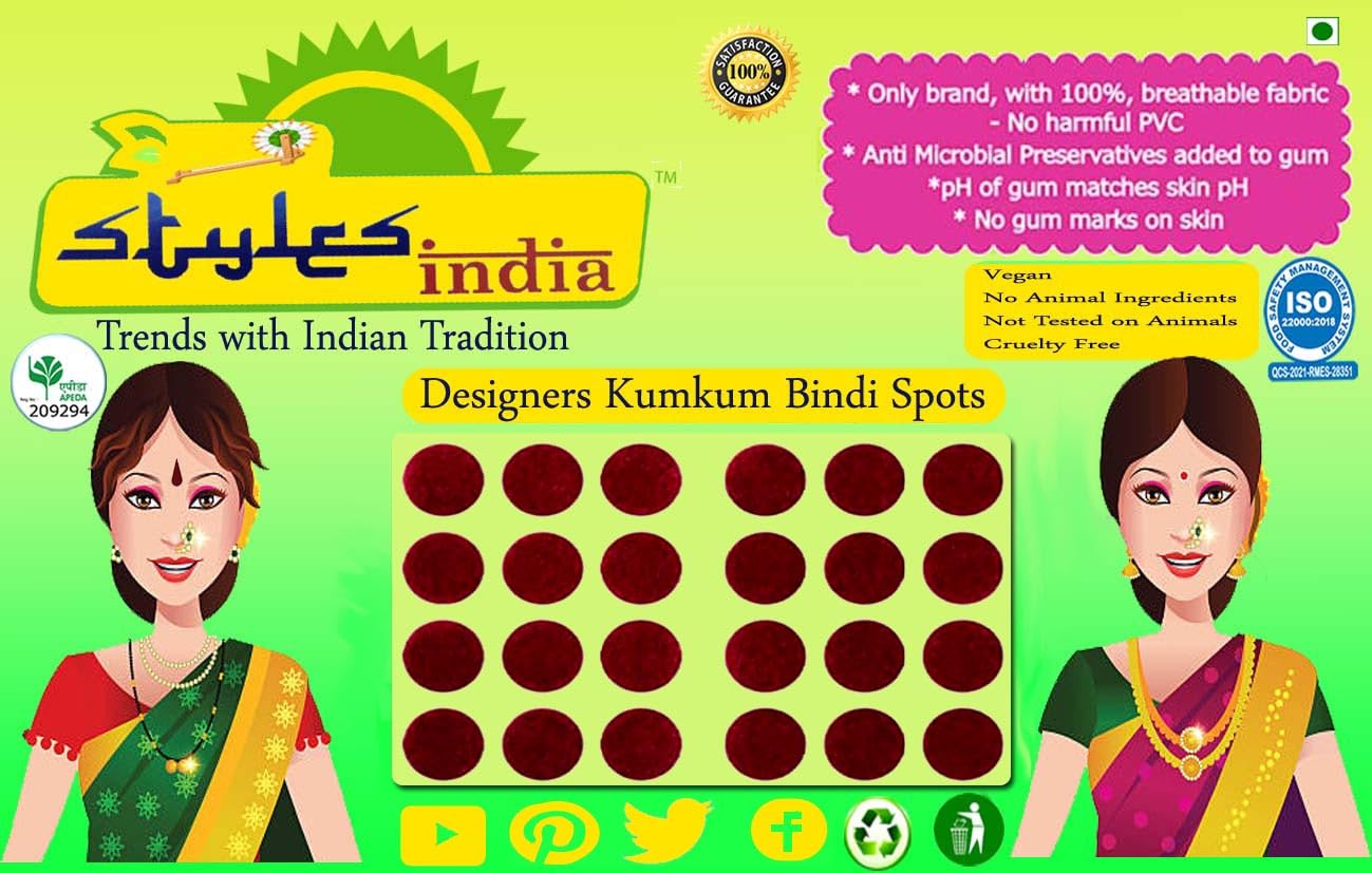 Sticker Kumkum Spot Bindi Tattoos Breathable Fabric, No Harmful PVC, Skin Neutral pH, Does not Irritate Skin, No Gum Marks on Skin, Round Tilak Pack of 3 Flaps (P3A-8MM, Maroon)