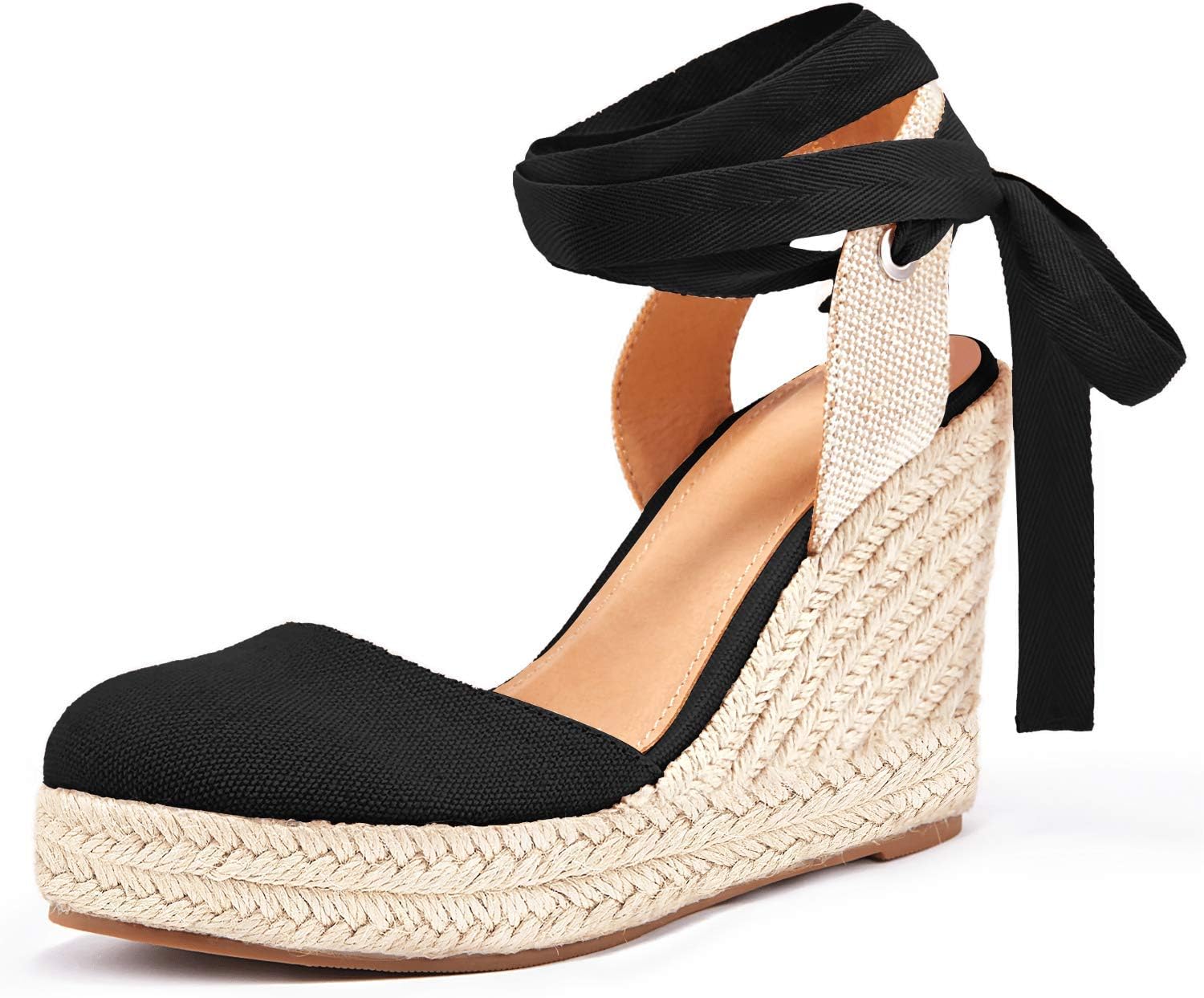 Ermonn Womens Espadrilles Wedge Sandals Platform Closed Toe Ankle Strap Lace Up Summer Shoes