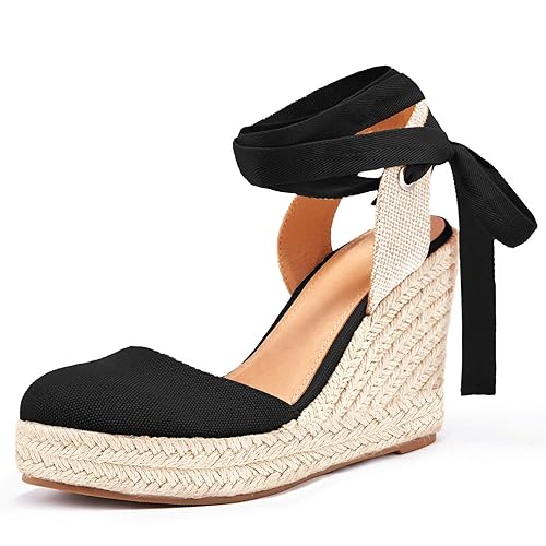 Ermonn Womens Espadrilles Wedge Sandals Platform Closed Toe Ankle Strap Lace Up Summer Shoes - 10 - 1-black