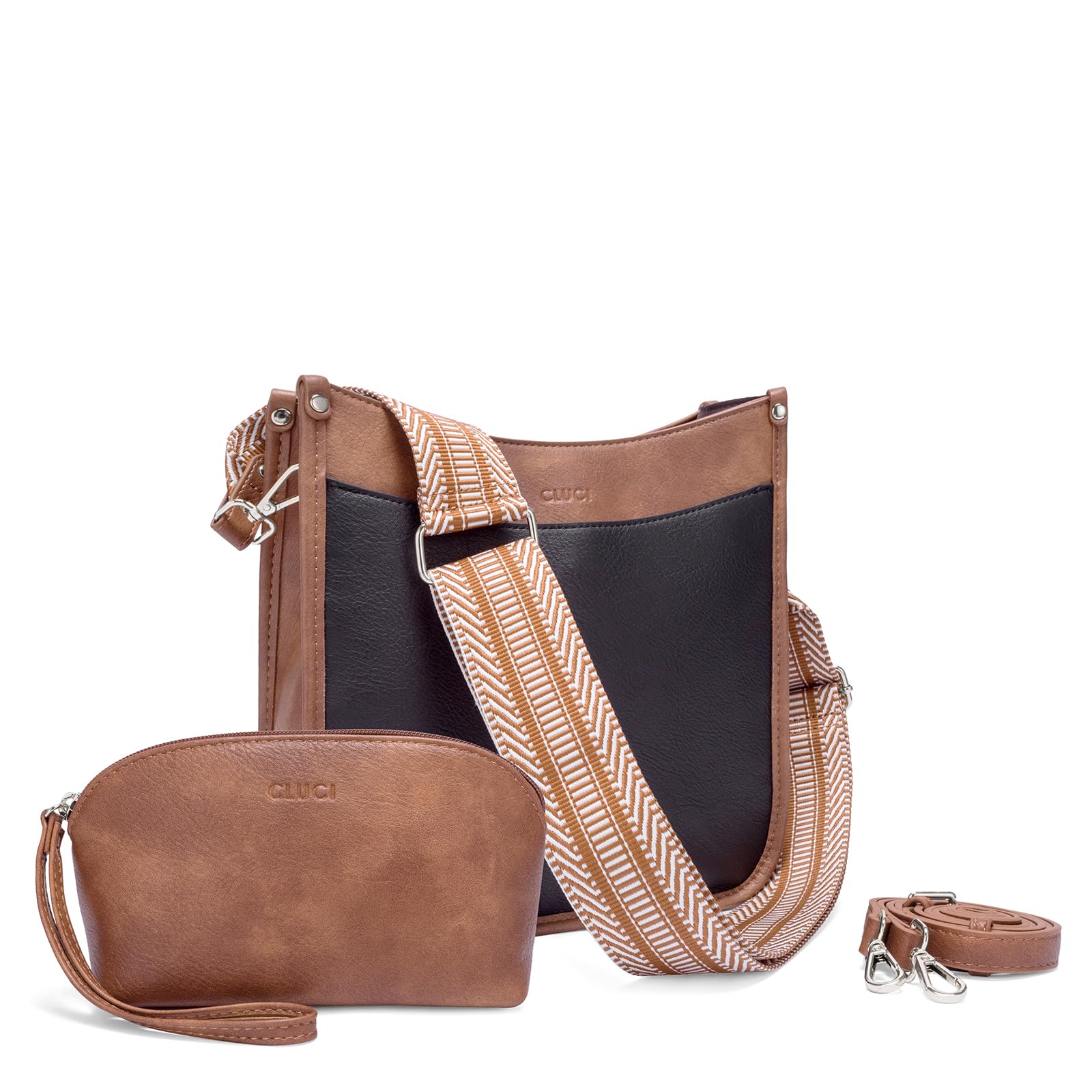 CLUCI Purses for Women, Vegen Leather Crossbody Bags for Woman Trendy, 2PCS Hobo Handbag with 2 Adjustable Guitar Strap