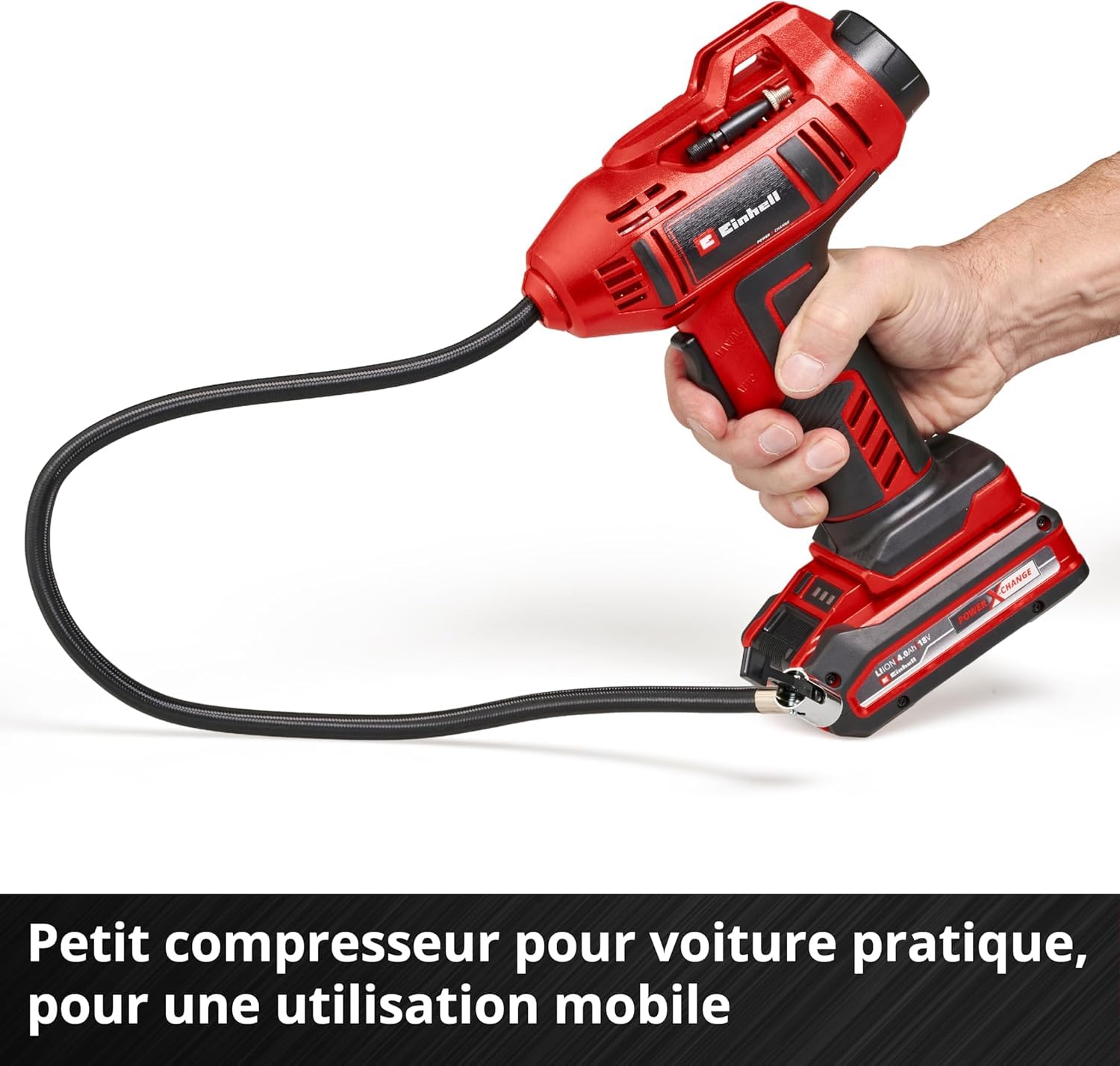Einhell Compresseur pour voiture sans fil CE-CC 18 Li-Solo Power X-Change (18 V, 11 bar max., flexible à air comprimé 60 cm, fonction d’arrêt automatique) Livré sans batterie ni chargeur