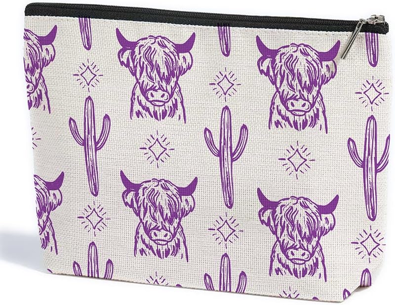 Necessaire de maquiagem ZHAMEN com estampa de vaca, zíper e design retrô, Roxo B