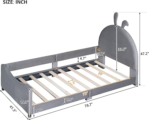 Miniatura 2 de Marco tapizado de cama individual para niños con bonita cabecera de dibujos animados, cama de plataforma doble de madera para niñas y niños