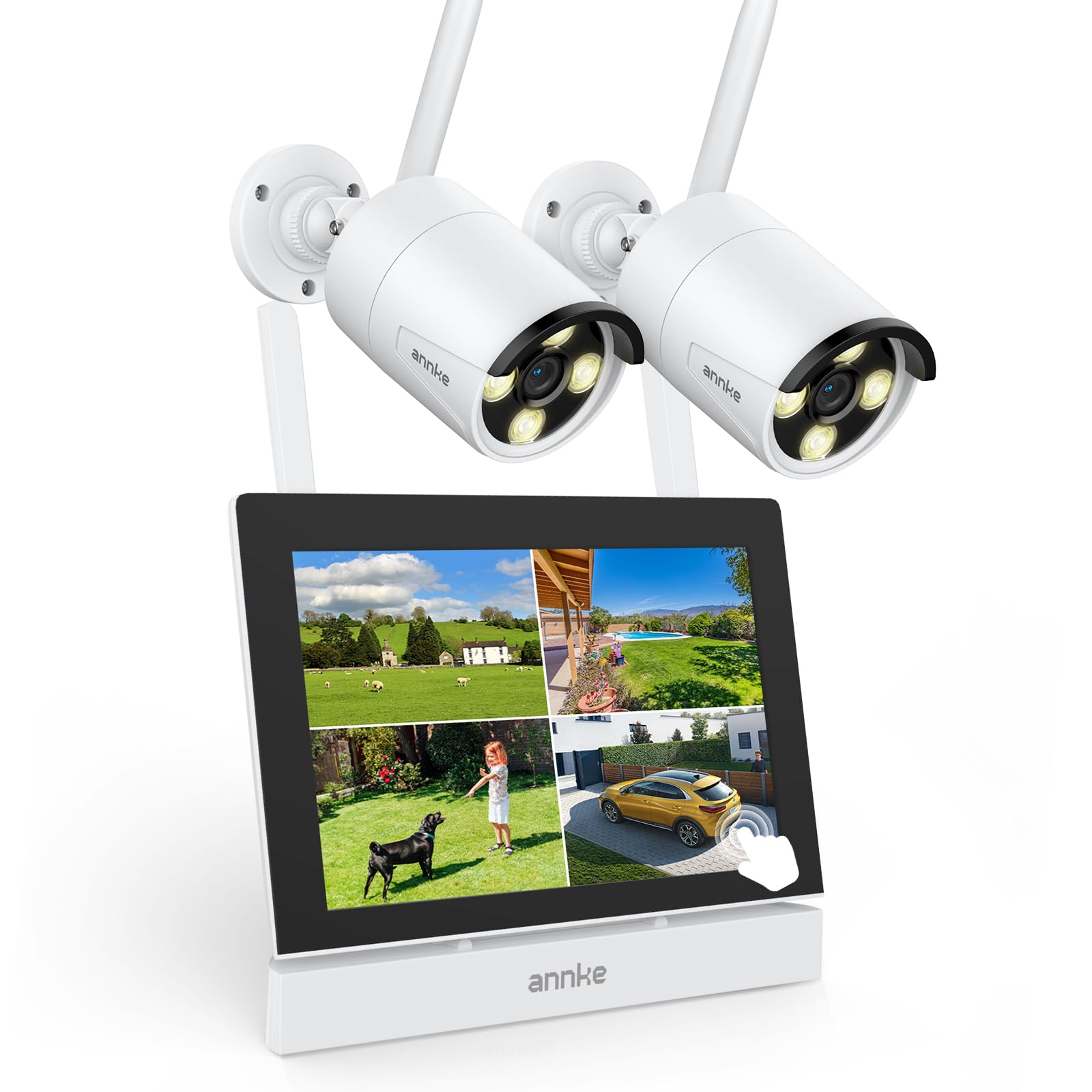 ANNKE Überwachungskamera Set mit Monitor, 5MP 4CH 7" Zoll Touchscreen NVR Bildschrim mit 2pcs 5MP WiFi Kamera, 2-Wege-Audio, Personenerkennung, 30m Nachtsicht, App&Mail Alarm, 64GB SD Karte