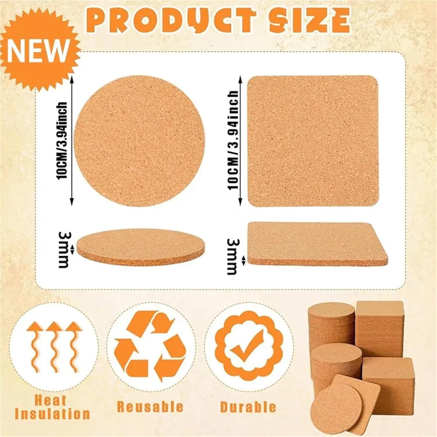 Coasters 120pcs Cork Coasters (Square/Circular) - Anti-Slip Insulated Heat-Resistant Table Mats(Square-100x3mm)