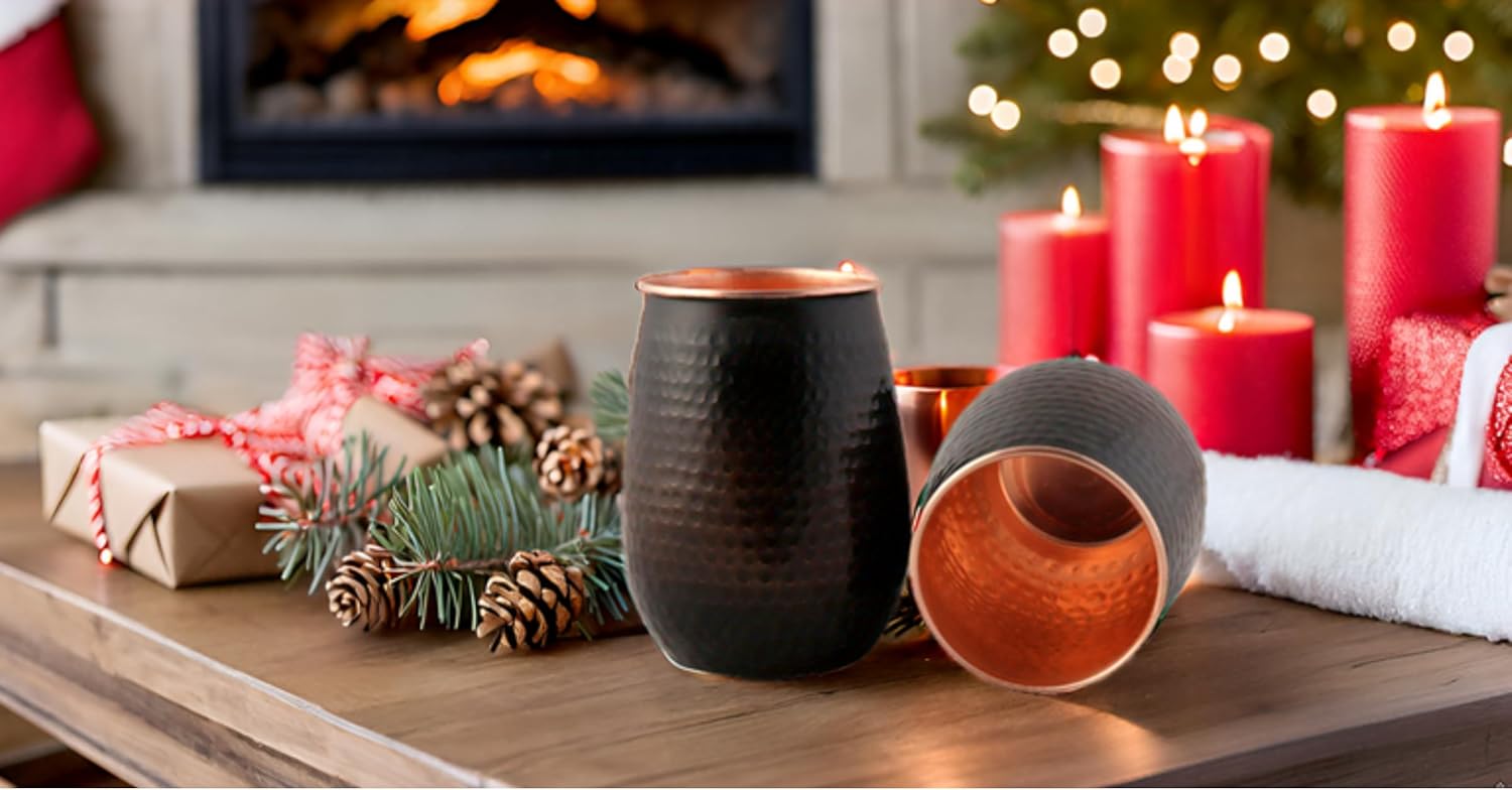 STAGLIFE 16 Oz Pure Copper Tumblers for Drinking Water Cups Mugs Glasses Set of 2, Solid Moscow Mule Hammered Tall Black Tumbler Cup Mug Glass with No Handle, Brushed/Large
