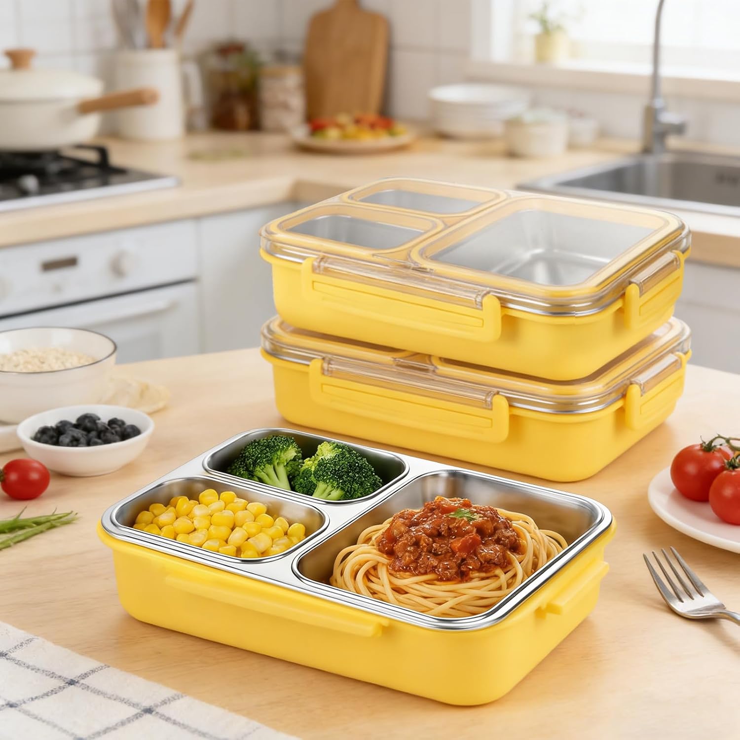 2 Pack Stainless Steel Bento Box Leakproof 3 Compartment, Dishwasher Safe Snack Containers, Yellow Lunch Box 27oz for Office, Picnic & Outdoor Use