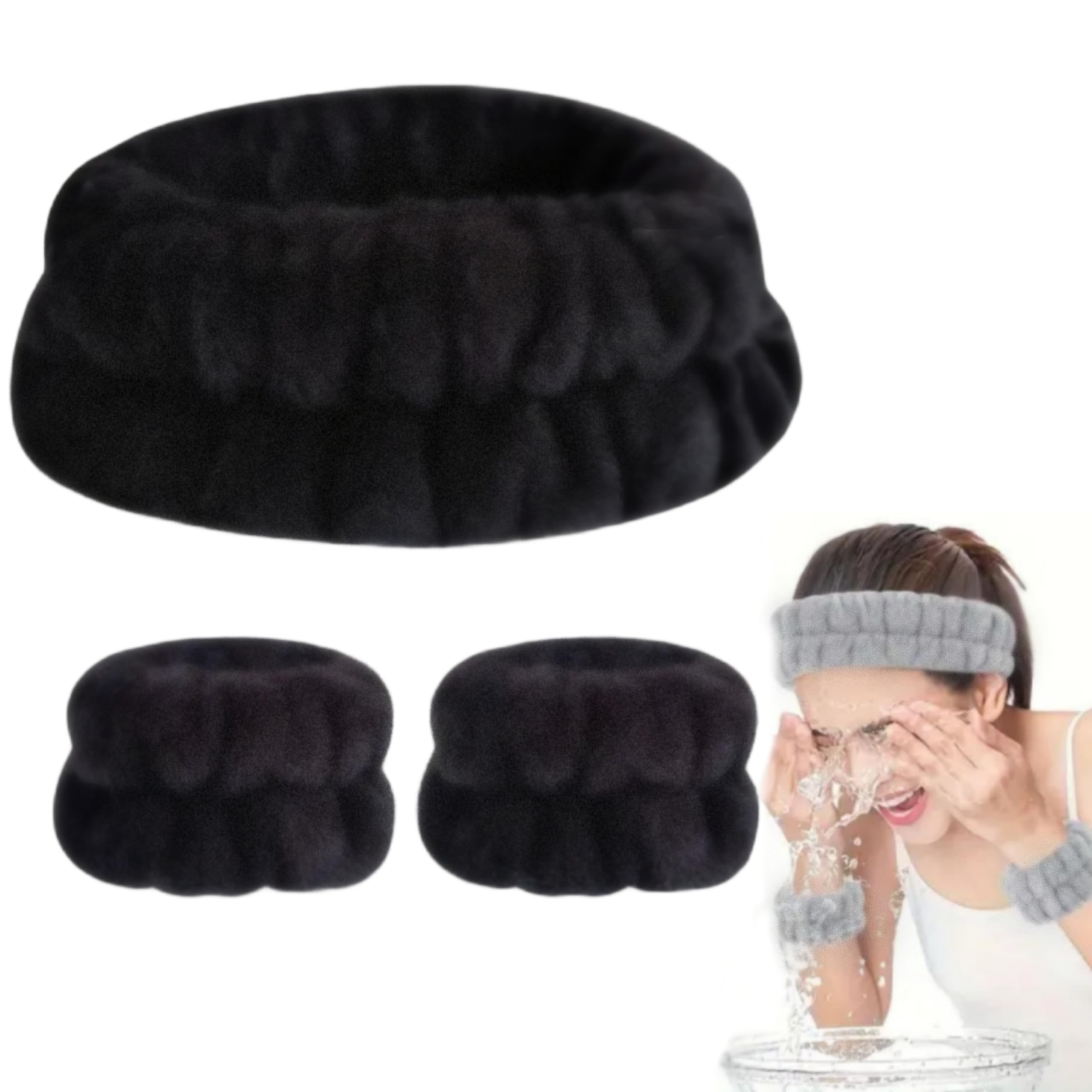 Happy Piglet 3-Piece Elastic Fleece Spa Headband and Wristband Set for Face Washing, Makeup, Yoga, and Fitness for womens and Girls (Black)