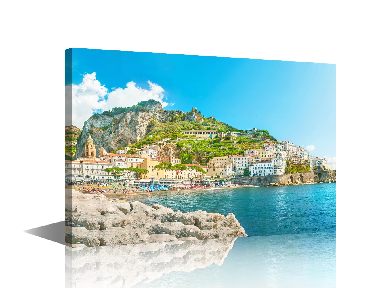 1 Piece Panoramic View of Beautiful European Coastal Town Wall Pictures for Living Room House on the Sea Painting on Canvas Wall Decor Bedroom Wall Art Modern Artwork Framed Ready to Hang 24"Wx36"H