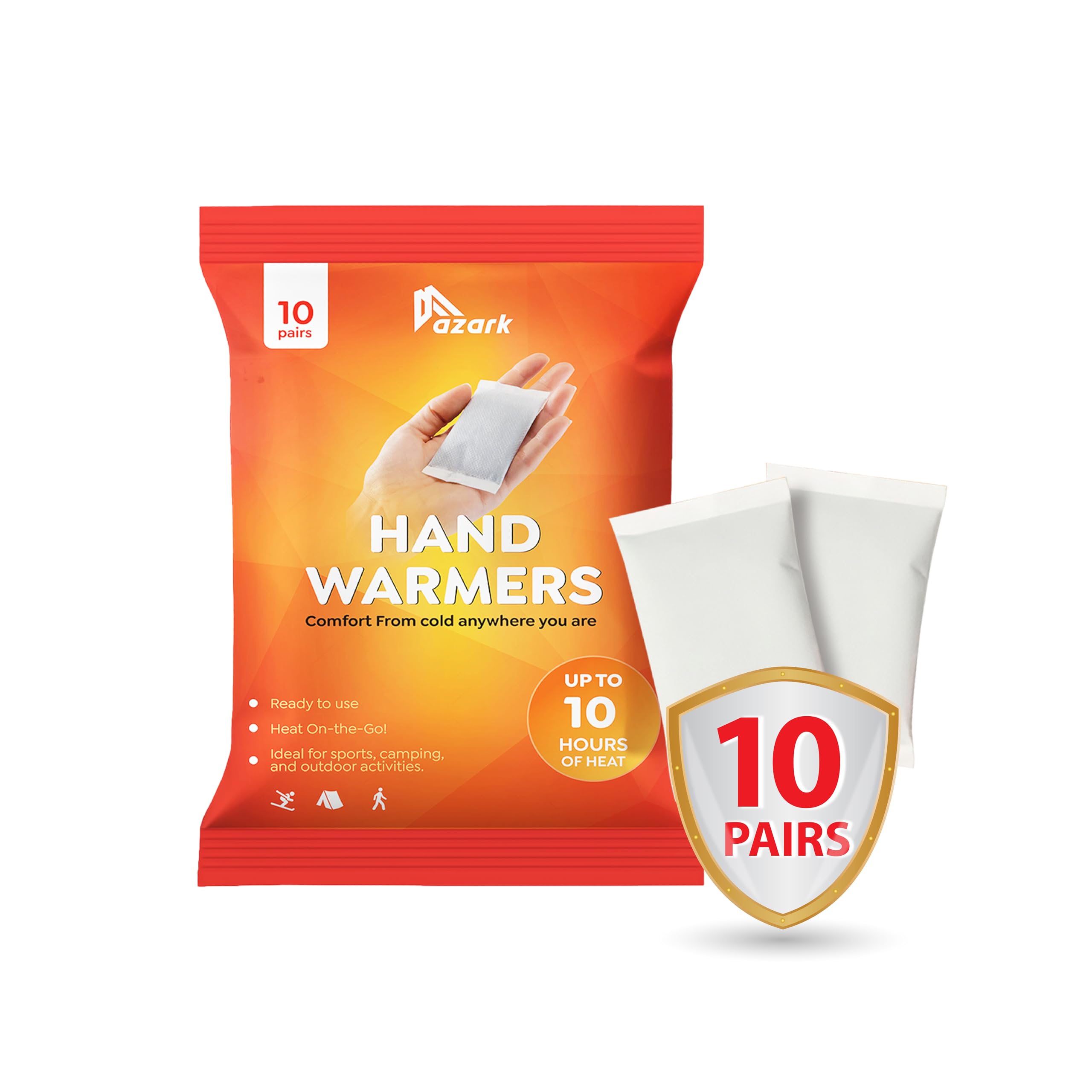 azark Unisex Disposable Hand Warmers, Up to 10 Hours Heat Instant Fast Heating Packs for Men & Women Portable Pocket Size, Ideal for Sports, Camping, Hiking, Travel, Skiing, Cold Weather (Pack of 10)