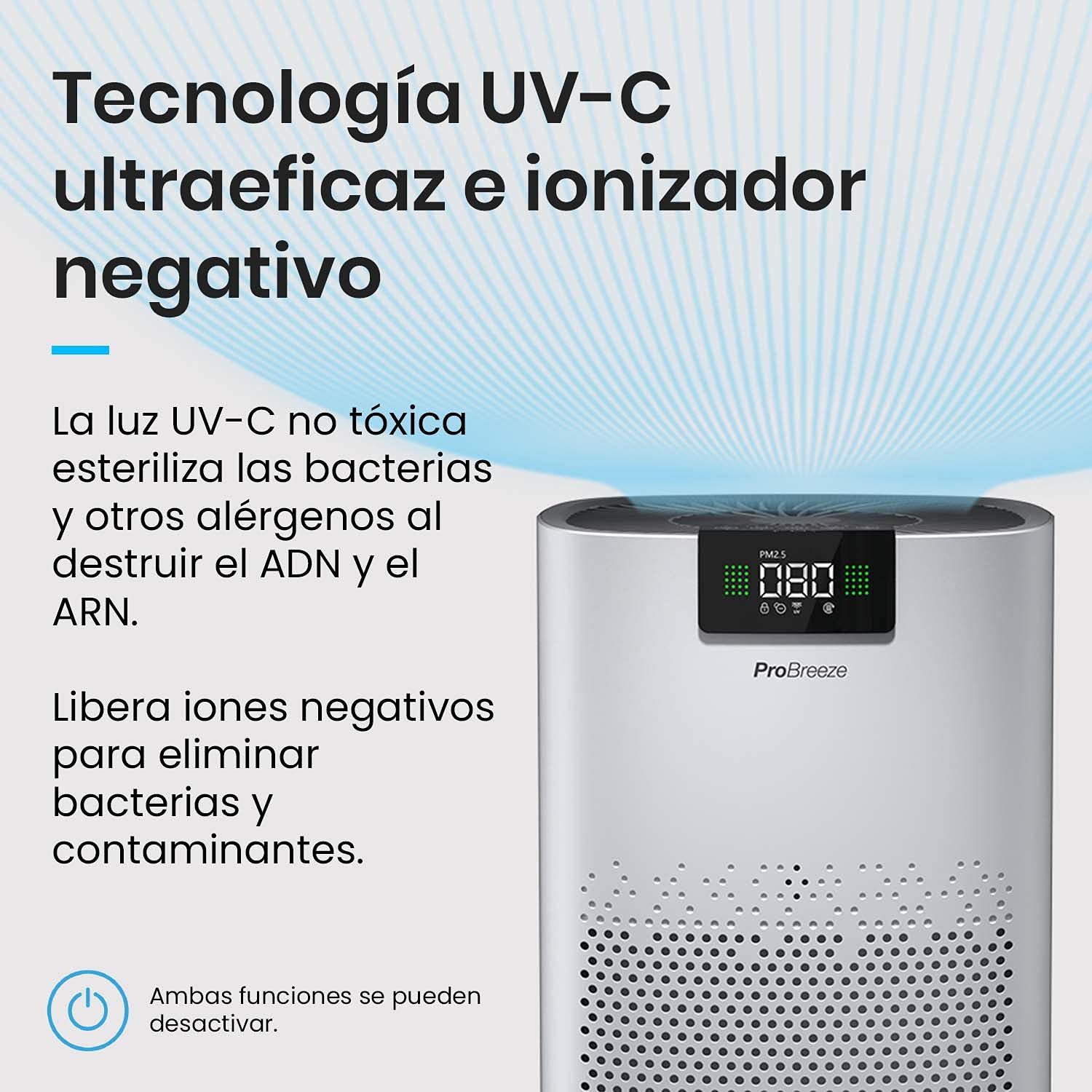 Pro Breeze Purificador de Aire Ultrapotente con Filtro HEPA 13. Con Ionizador y Luz Ultravioleta UV que captura Partículas, Alérgenos y Elimina olores. Para Casa y Habitaciones CADR 460 m³