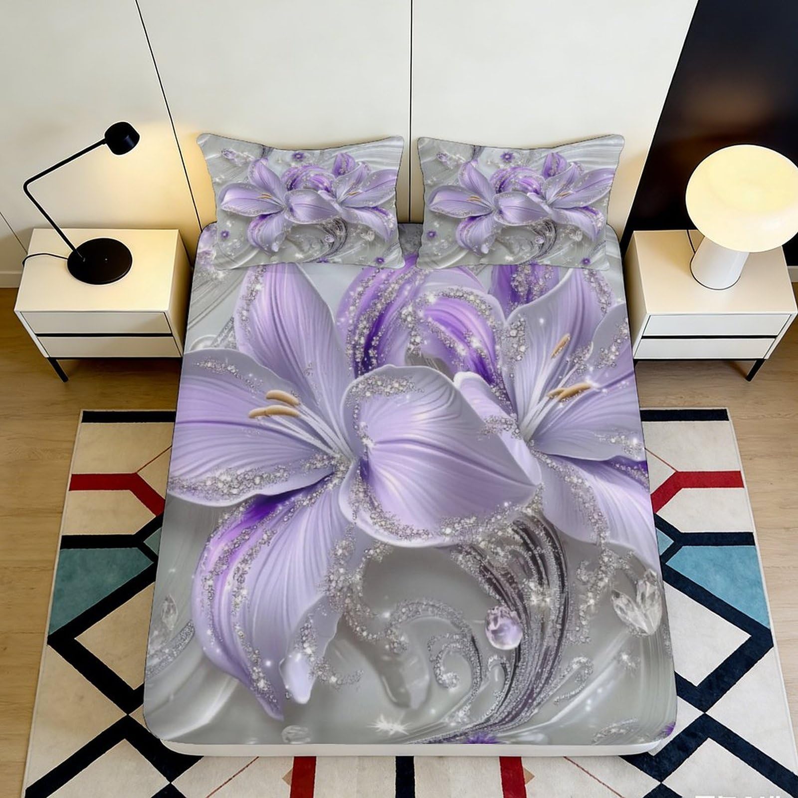 Pnayamiorkfel Style-2 3D Printed Purple Lily Fitted Sheet Microfiber Soft Floral Bed Cover For Bedroom Guest Room Dorm Mattress Protection Decor 90X200x25cm