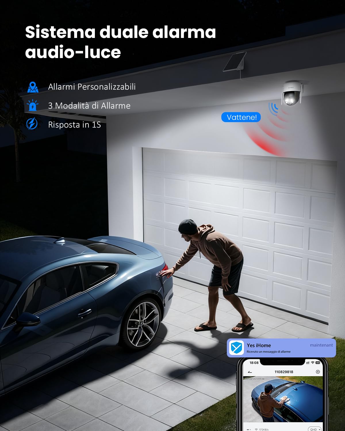 2K Telecamera WiFi Esterno Senza Fili Solare, Installazione Flessibile Videocamera Sorveglianza Esterno con Batteria, 3MP Visione Notturna a Colori, 360° PTZ, Rilevamento PIR, 2.4GHz, IP65
