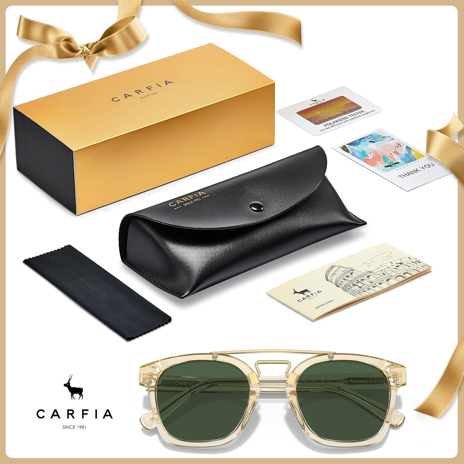 CARFIA Retro Polarized Sunglasses Womens UV400 Protection, Unique Double Metal Bridge, Premium Square Acetate Shades