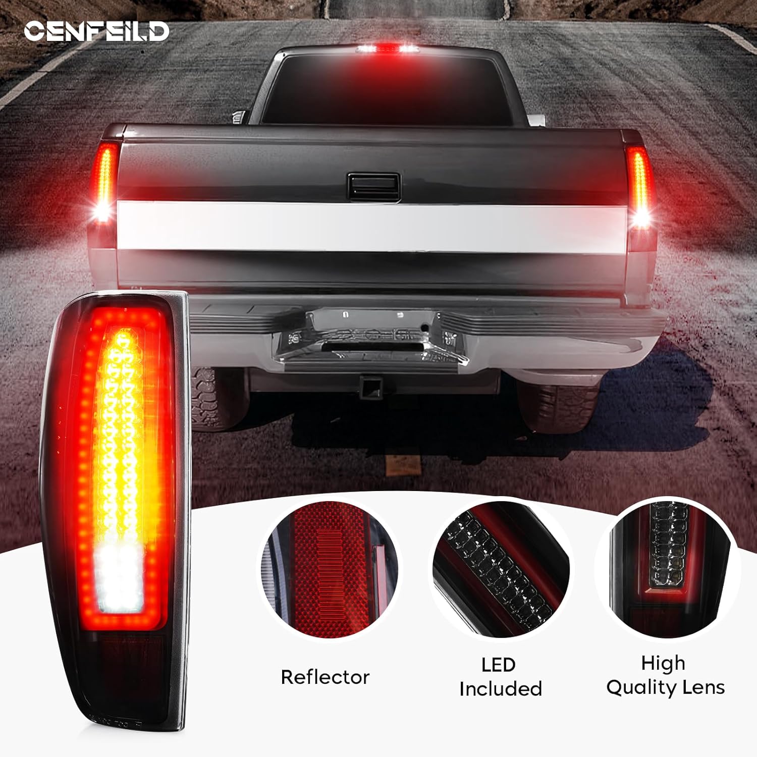 LED Tail Lights Assembly + 3rd Third Brake Cargo Lamp Fit for Chevy Colorado 2004-2012, for GMC Canyon 2004-2012, Rear Taillight Chrome Housing Smoked Lens, 3 Pcs