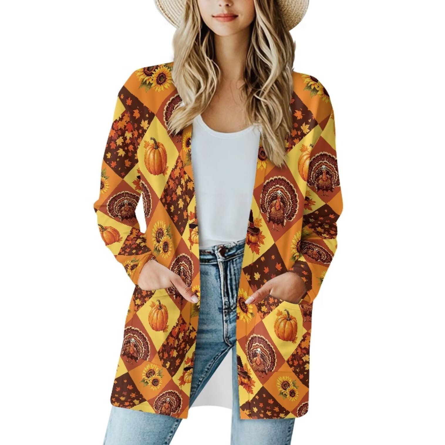 Fall Maple Leaf Cardigan Sweaters for Women Long Sleeve Cardigan Soft Drape Open Front Dusters V-Neck Jackets Dressy