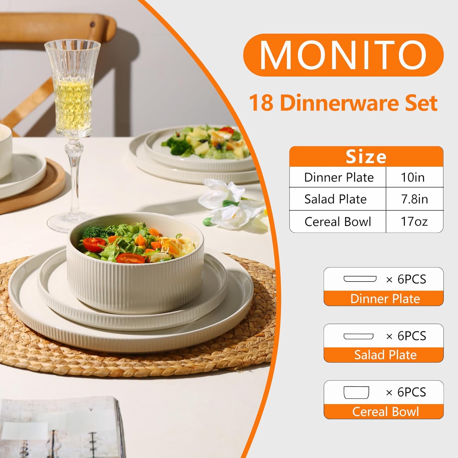 MONITO Ceramic Plates and Bowls Sets for 6, 18PCS Stoneware Dinnerware Sets, Reactive Glaze Dish Set, Chip and Scratch Resistant Double, Microwave and Dishwasher Safe,White