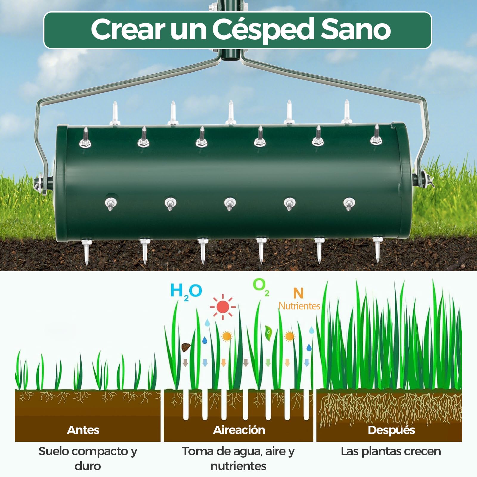 COSTWAY Rodillo Aireador de Césped Enrollable, Herramienta de Césped con Mango Desmontable de 130cm y Púas para Aflojar el Suelo, para Jardín, Patio, Fácil de Montar (52cm)