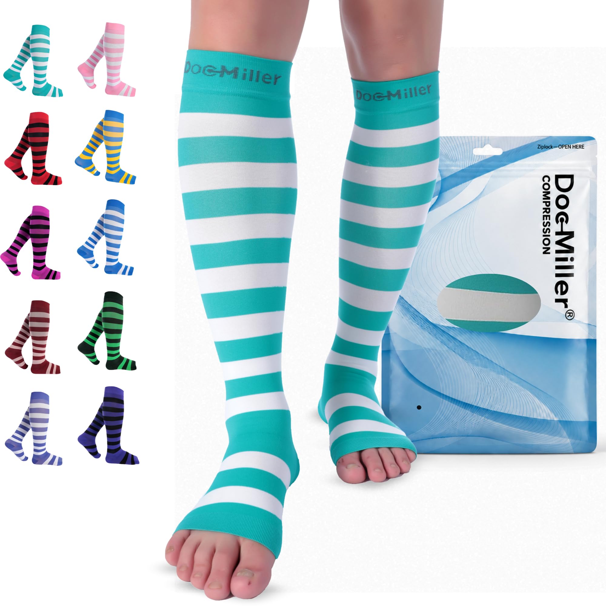 Doc Miller Calcetines de compresión de punta abierta para mujeres y hombres, 15-20 mmHg, medias de pantorrilla ancha hasta la rodilla para embarazo, venas varicosas, férulas de espinillas, hinchazón