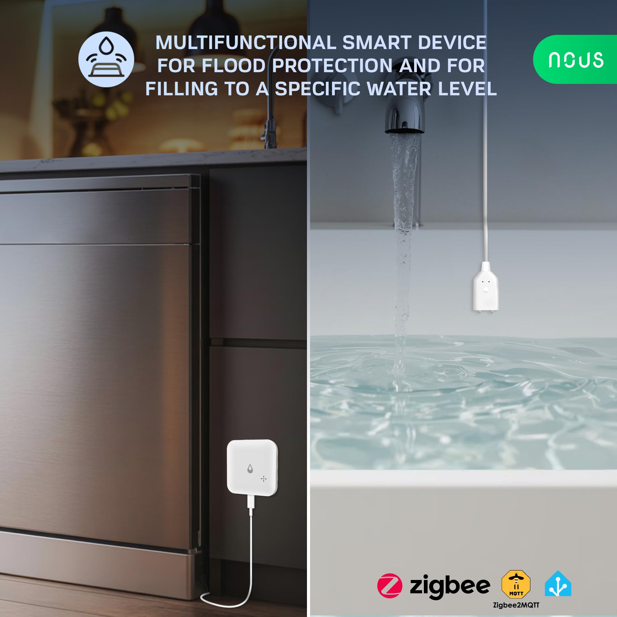 Nous E13 ZigBee Sensor de Agua para Fuga o Falta de Agua, Alarme de 80 dB, Notificación por App, IP66, Funciona con Batería (2×AAA), Compatible con Alexa, Google Home, Se Requiere Hub ZigBee