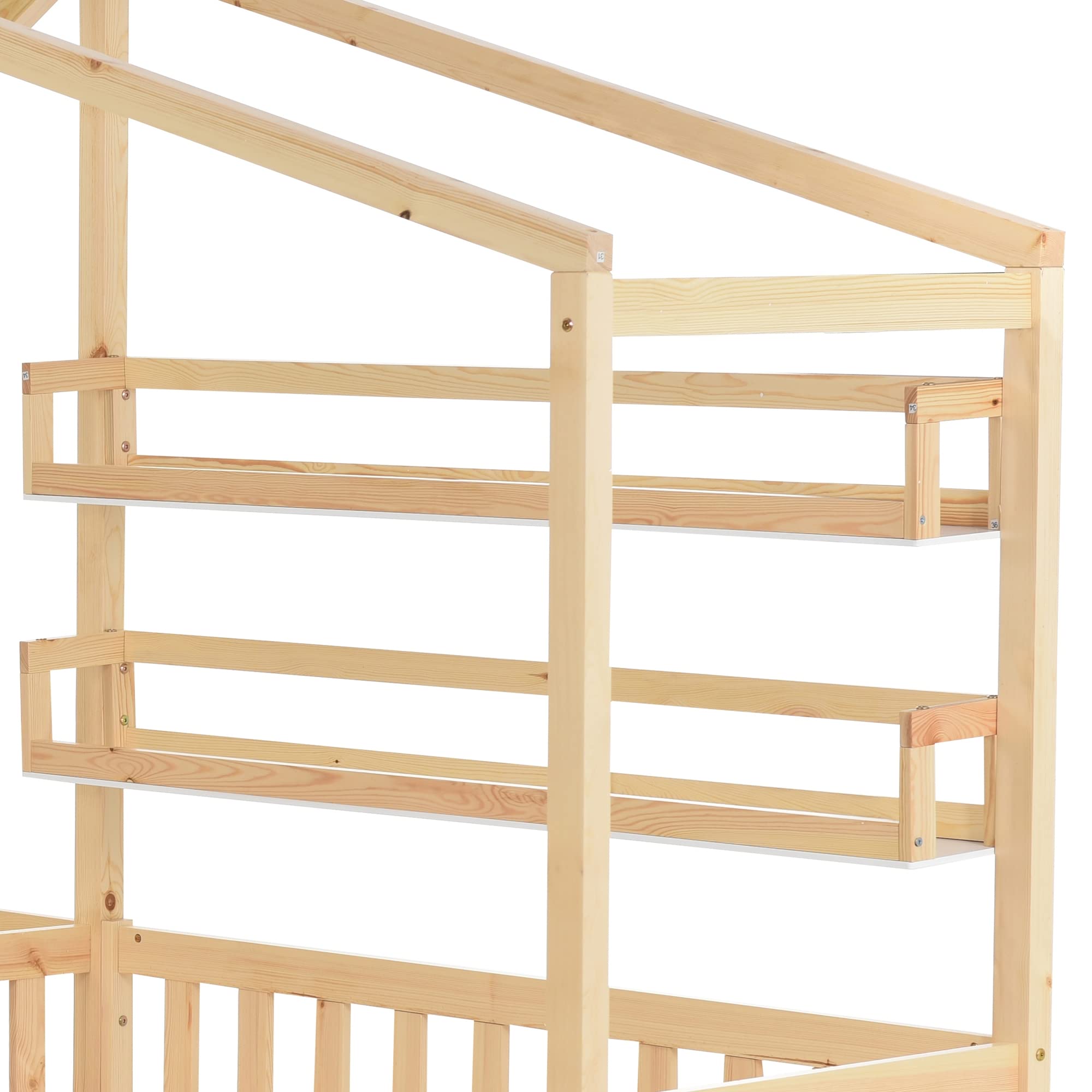 Merax Cama de casa con cajones y estantes, Cama Infantil de 90 x 200 cm y 140 x 70 cm, Madera Maciza con Valla y somier, Estructura en L, para 2 niños, Cama Doble, Color Natural