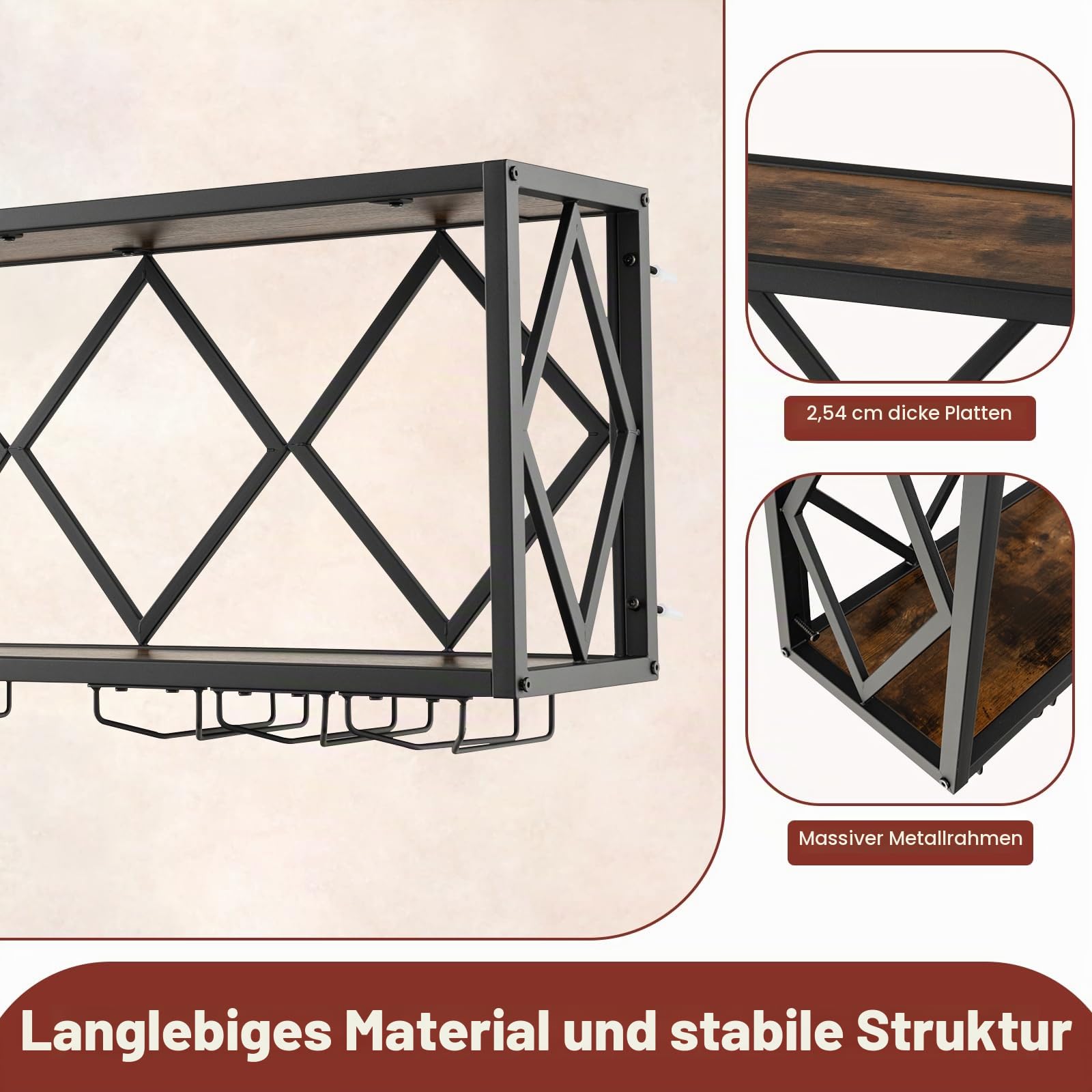 GIANTEX Weinregal Wand mit Glashalter aus Holz und Metallrahmen