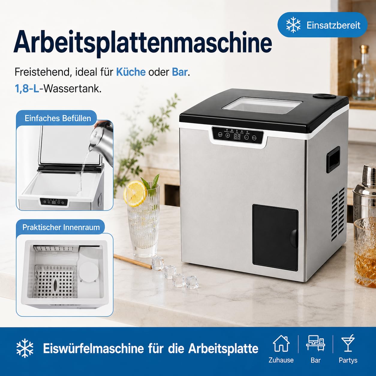 Máquina de cubitos de hielo 2 en 1 con depósito, pala de hielo, 32 dados, 12-22 min | Con depósito de hielo triturado de 1,8 L, 1000 g, pantalla LCD, para casa, oficina, cafetería, fiesta, RV
