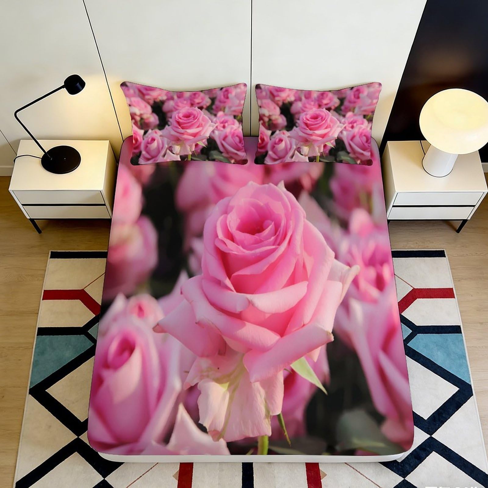 Jqzkxnhpbr Style-1 3D Printed Pink Rose Fitted Sheet Microfiber Bedroom Decor Floral Bed Cover For Home Dorm Guest Room Easy Care 90X200x25cm