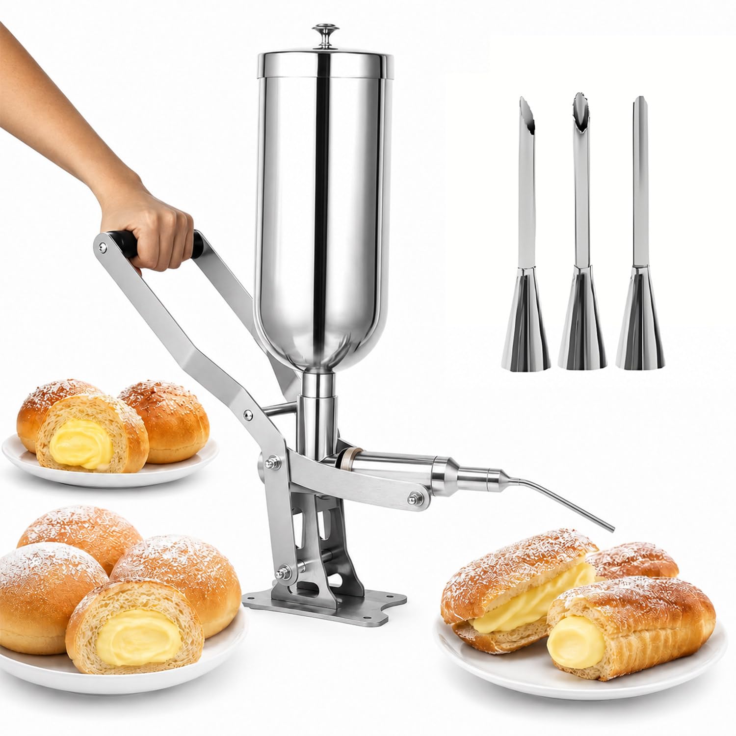 5l Donut Filler, Churro Machine, Croissant Filling Machine, Stainless Steel, Adjustable Filling Amount, With 3 Short Nozzles and 1 Long Nozzle, Filling Accuracy ±1g, For Bakeries, Restaurants
