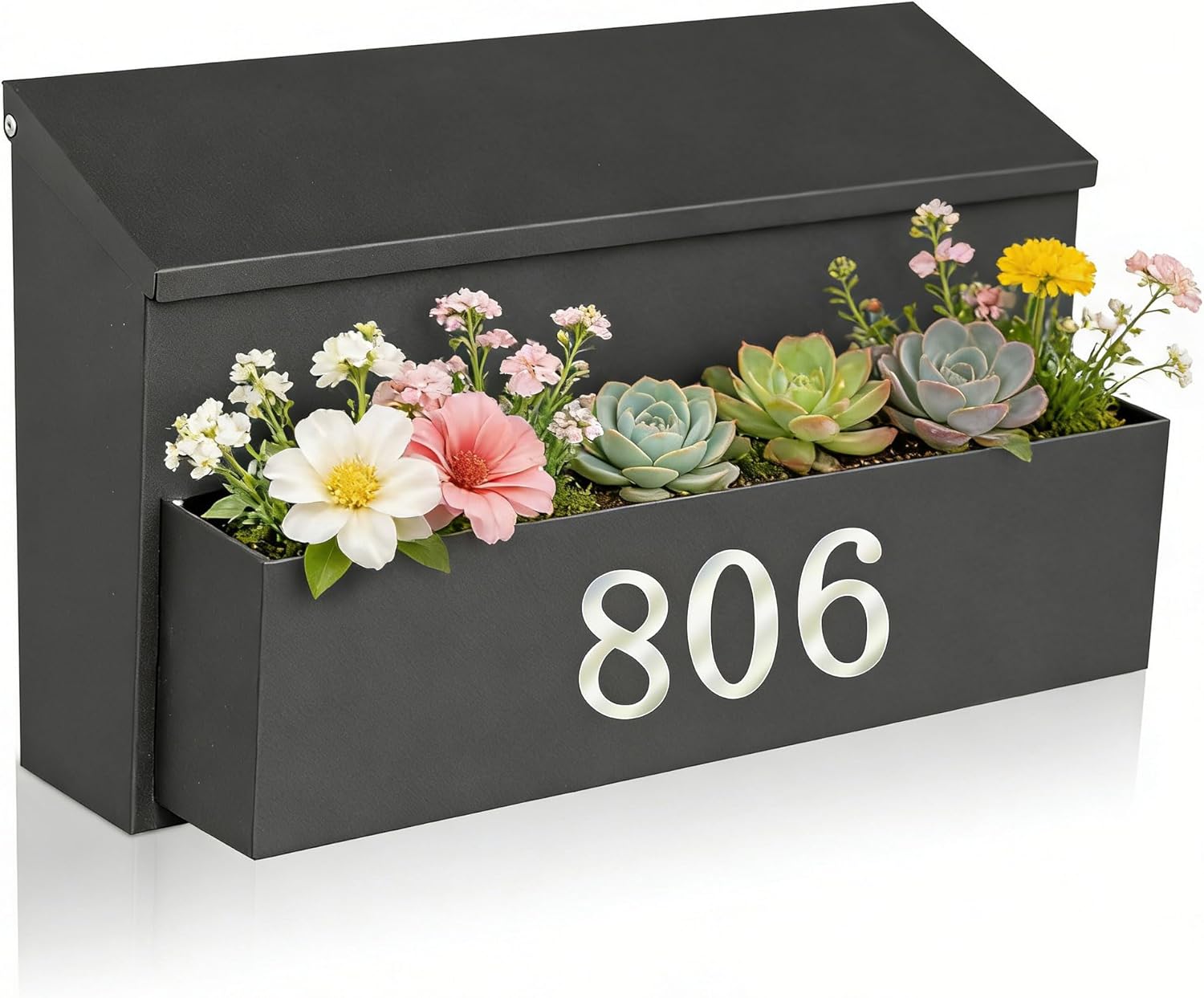 Wall Mount Mailbox, Large Capacity for House, Outside, with 3 Sets of 0-9 Number Stickers & Flower Planter, Galvanized Steel Rust-Proof Metal Post Drop Box, 15.74"×9.84"×6.41" Black