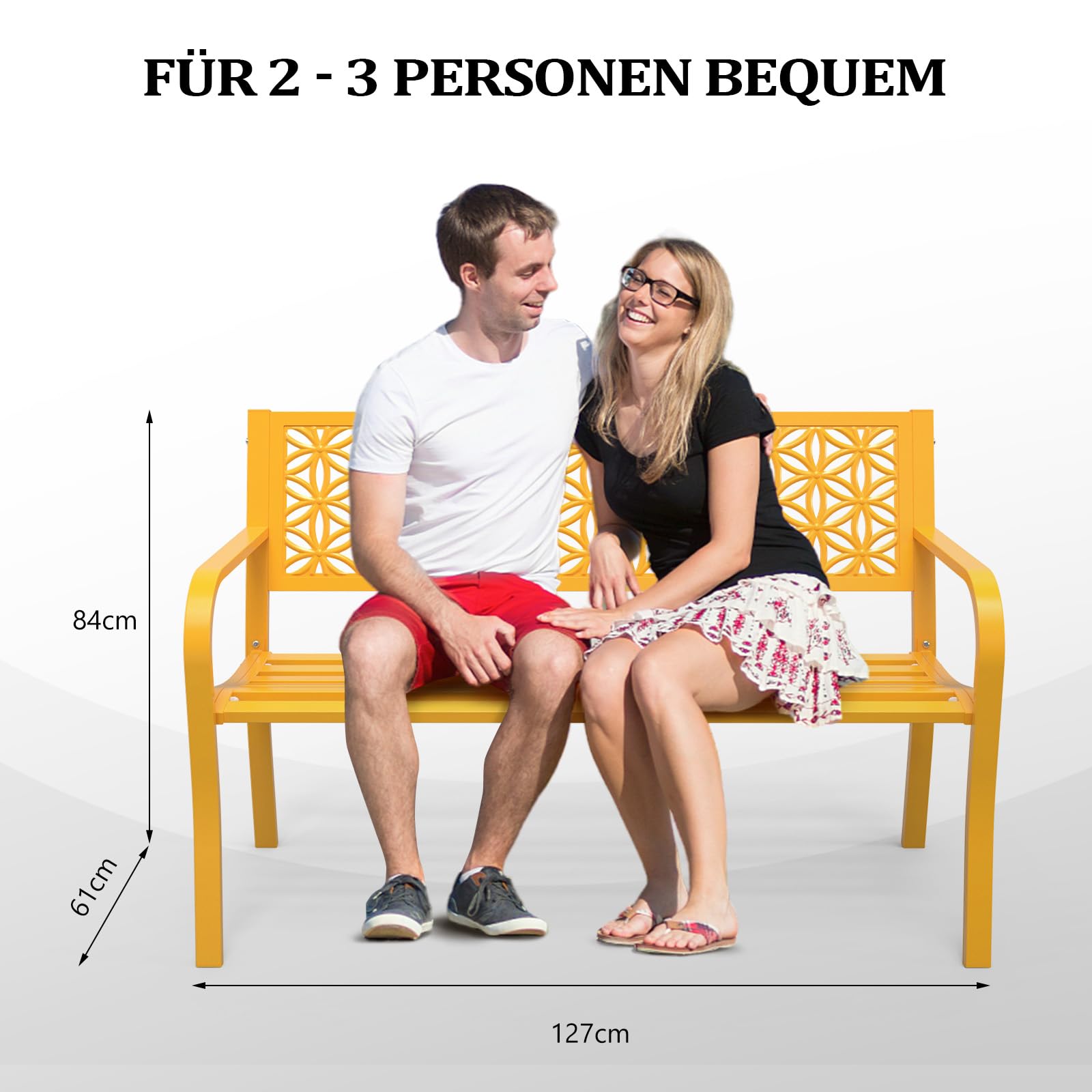 Bonnlo Banco de Jardín de Metal Estilo Retro, Banco Resistente a la Intemperie para 2-3 Personas, Mueble de jardín con Capacidad de Carga hasta 360 kg (Amarillo)