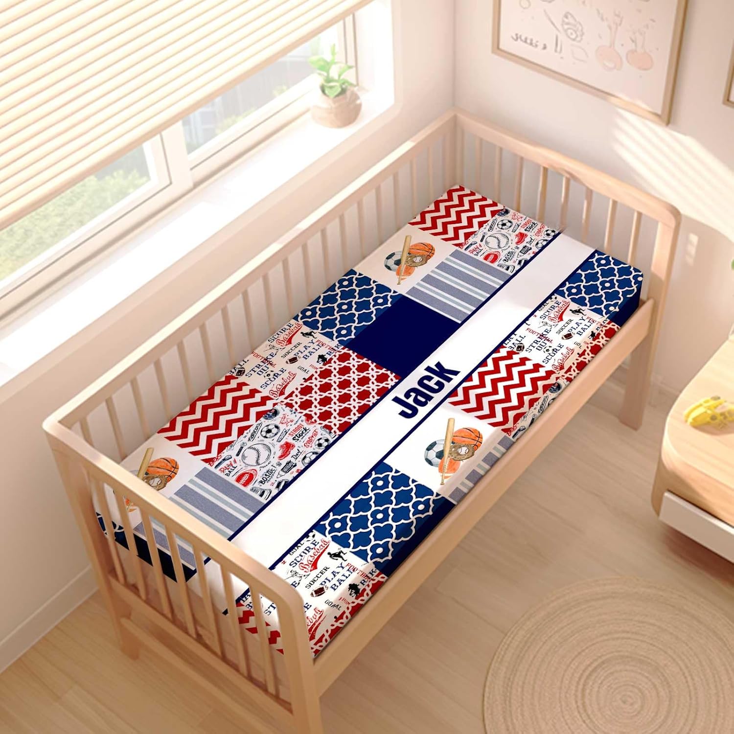 Custom Baby Crib Bedding Set with Name – 3 Piece Sports Theme Nursery Set with Blanket, Sheet & Pillowcase – Personalized Gift for Infant Boys & Newborns