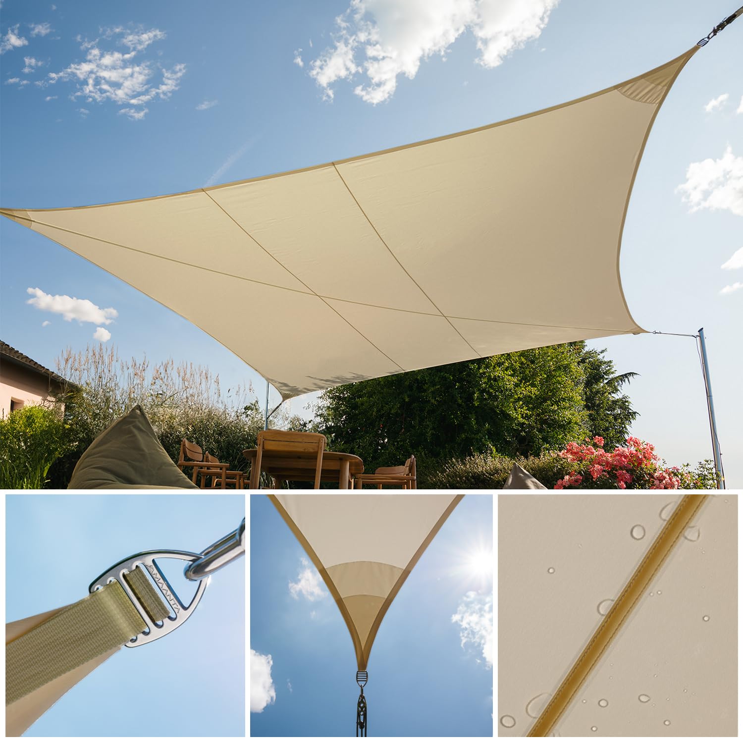 EZ Breez Vela Ombreggiante Impermeabile Beige Rettangolare 3x5 m Protezione UV Tenda a Vela per Giardino Balcone Terrazza e Piscina