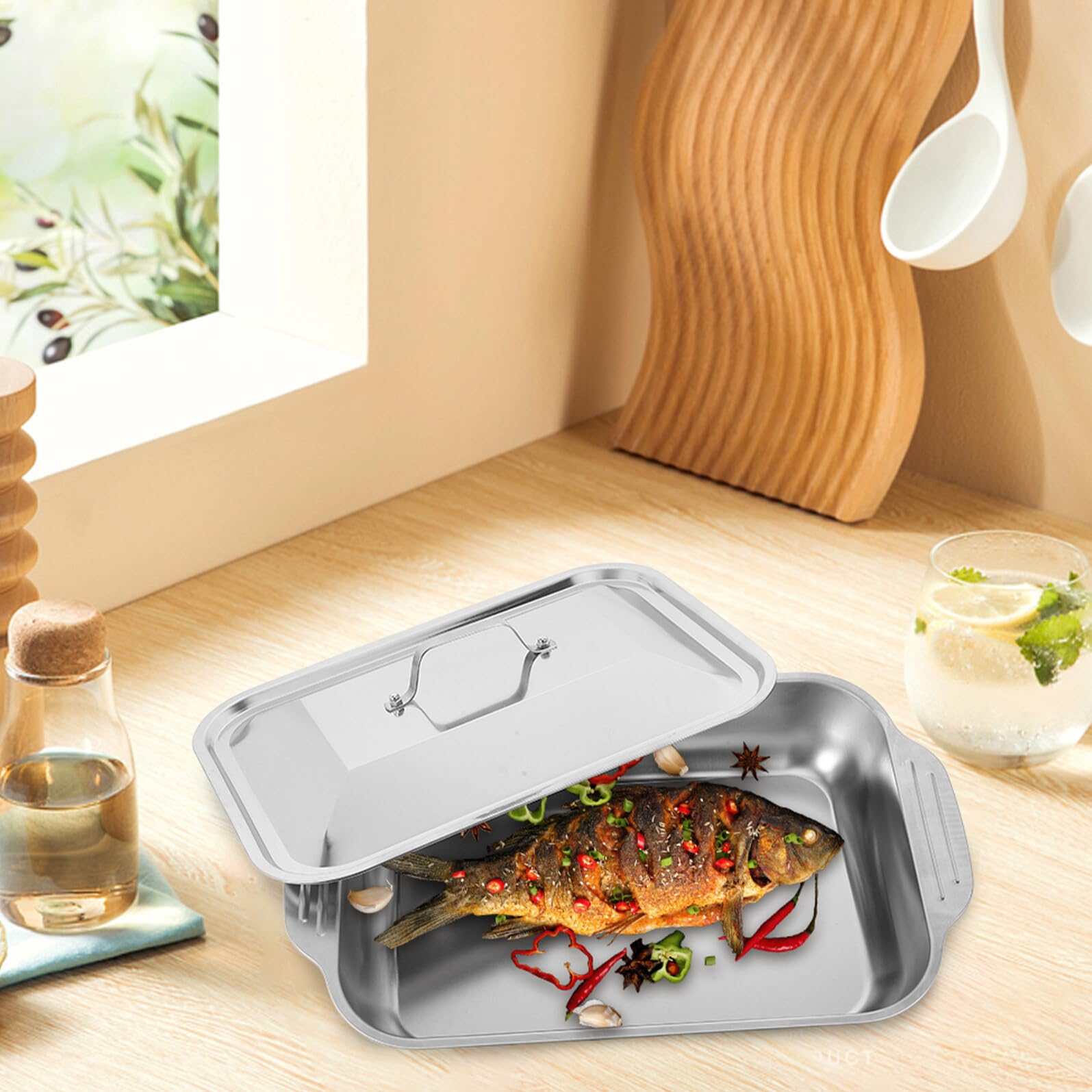 LIFKOME Teglia Rettangolare in Acciaio Inox per Arrosti, Resistente e Robusta, Padella Profonda per Cucinare Pesce e Dolci Durante la Cottura al Forno