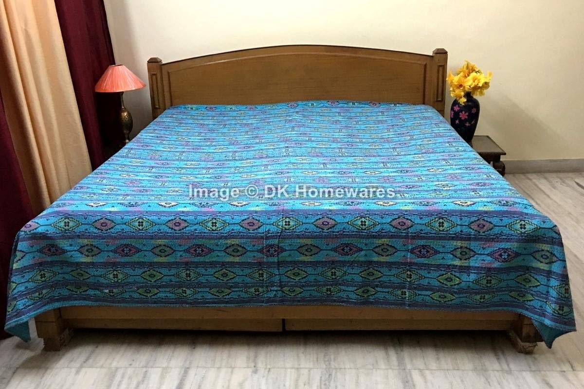Indian Traditional Turquoise Queen Size Kanta Quilt Cristmas Gift Cotton Kantha Work Ikat Printed Hand Crafted (108 x 90) -Set of 1 Blanket Bedspread