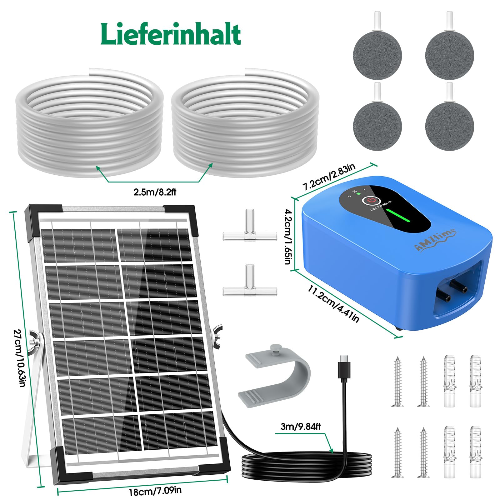AMZtime 8 W Teichbelüfter Sauerstoffpumpe für Teich, Doppelpumpen Design Solar Sauerstoffpumpe mit Akku, Sauerstoff Luftpumpe 3 Modi 4 Luftsteine für Gartenteich, Angeln, Hydroponic