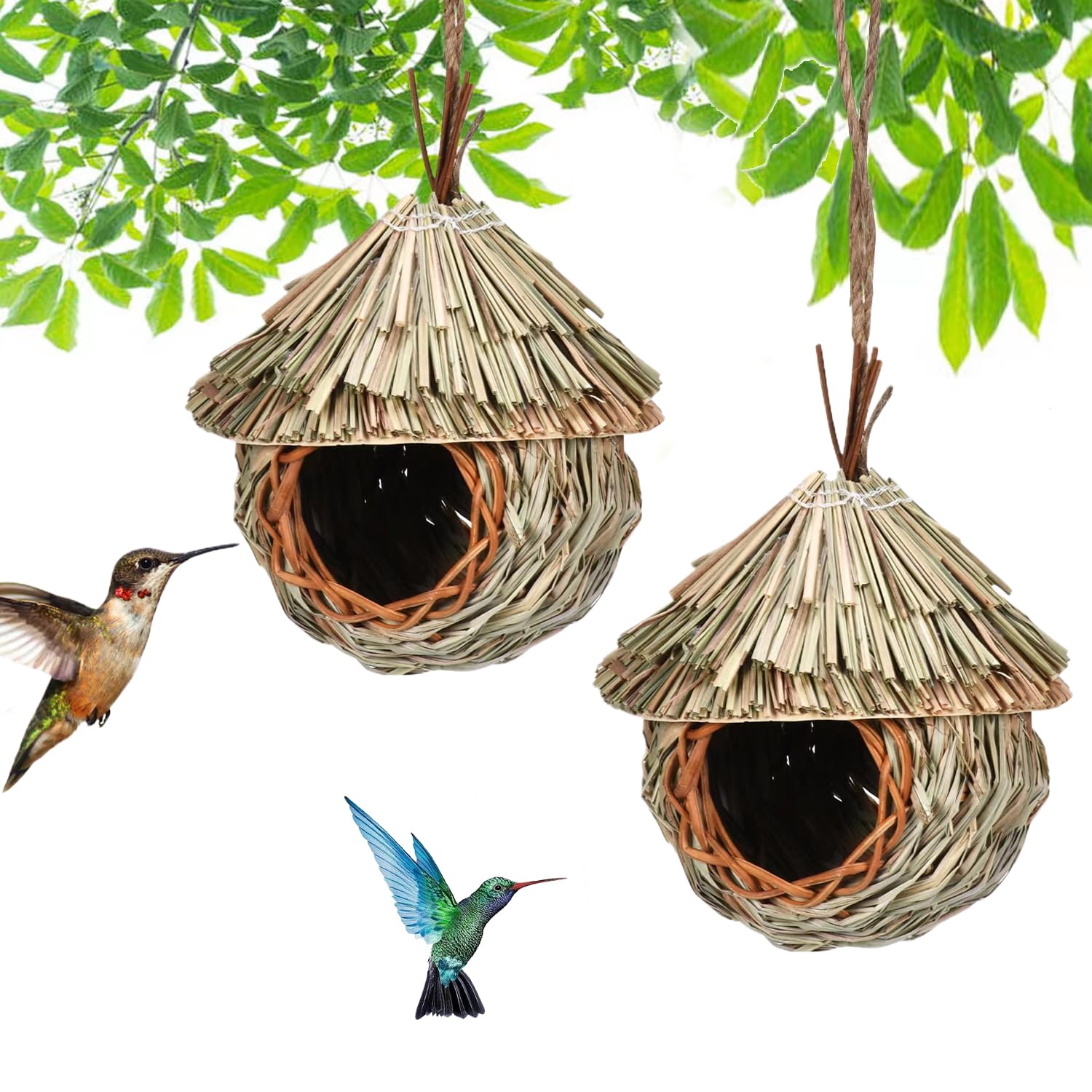 2 Pezzi Nido per Uccelli, Casetta per Uccelli, Casetta per Uccelli da Appendere, Natural Casa degli uccelli di paglia, Nido per Uccellini da Esterno, per Piccoli Uccelli Come Colibrì, 19x15 cm