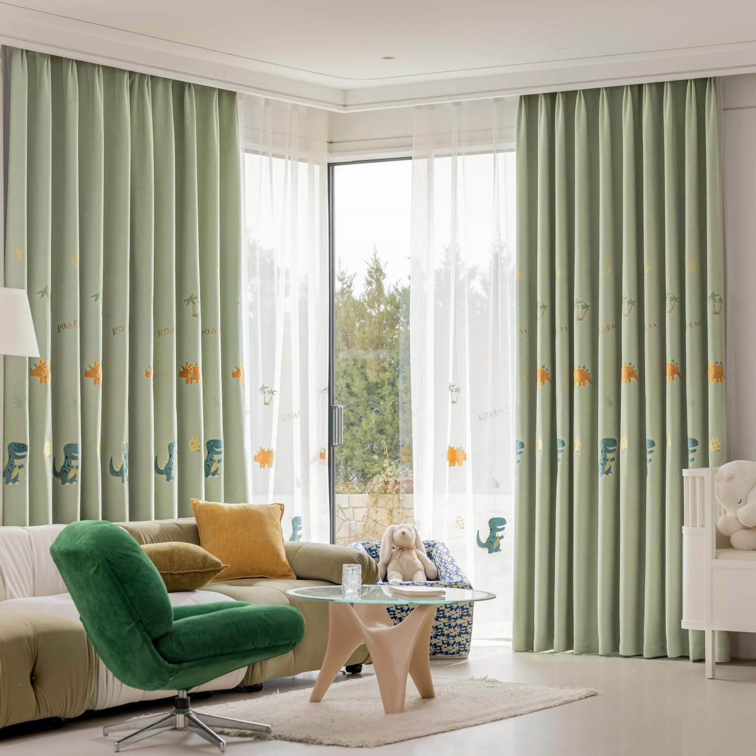 Cartoon Dinosaur Kids Curtains with Blackout Liner Embroidery Nursery Curtains for Children Boys Baby Bedroom Living Room Grommet Top Room Darkening Window Drapes 1 Panel (Green,W52 x L84 Inch)