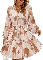ZESICA Women's Floral Chiffon Mini Dress Long Sleeve Button A-Line Swing for Wedding Guest Party Summer