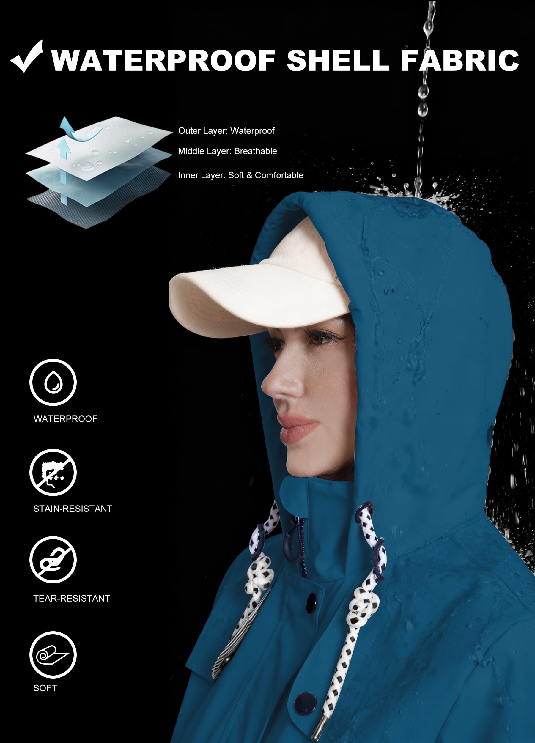 ATLASLAVA Regenjacke Damen Wasserdicht Kapuze Regenmantel Outdoor S-3XL
