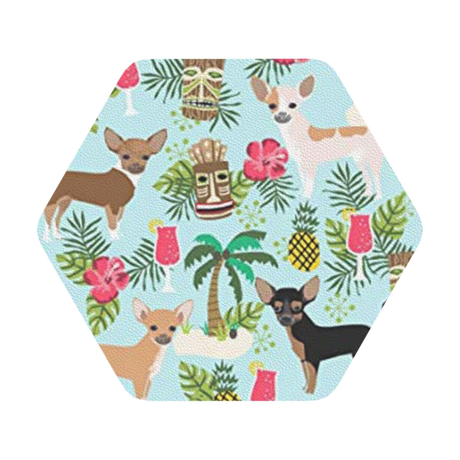 Dog Pineapple PU Leather Coasters Set of 6 Hexagon Drink Coasters
