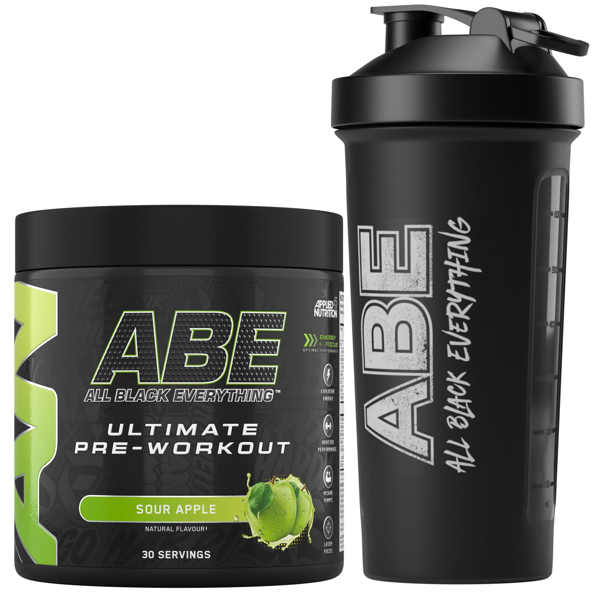 Bundle ABE Pre Workout 375g + ABE Black Shaker 700ml | All Black Everything Pre Workout Powder, Energy Drink, Physical Performance, Creatine, Beta Alanine, Caffeine (Sour Apple)