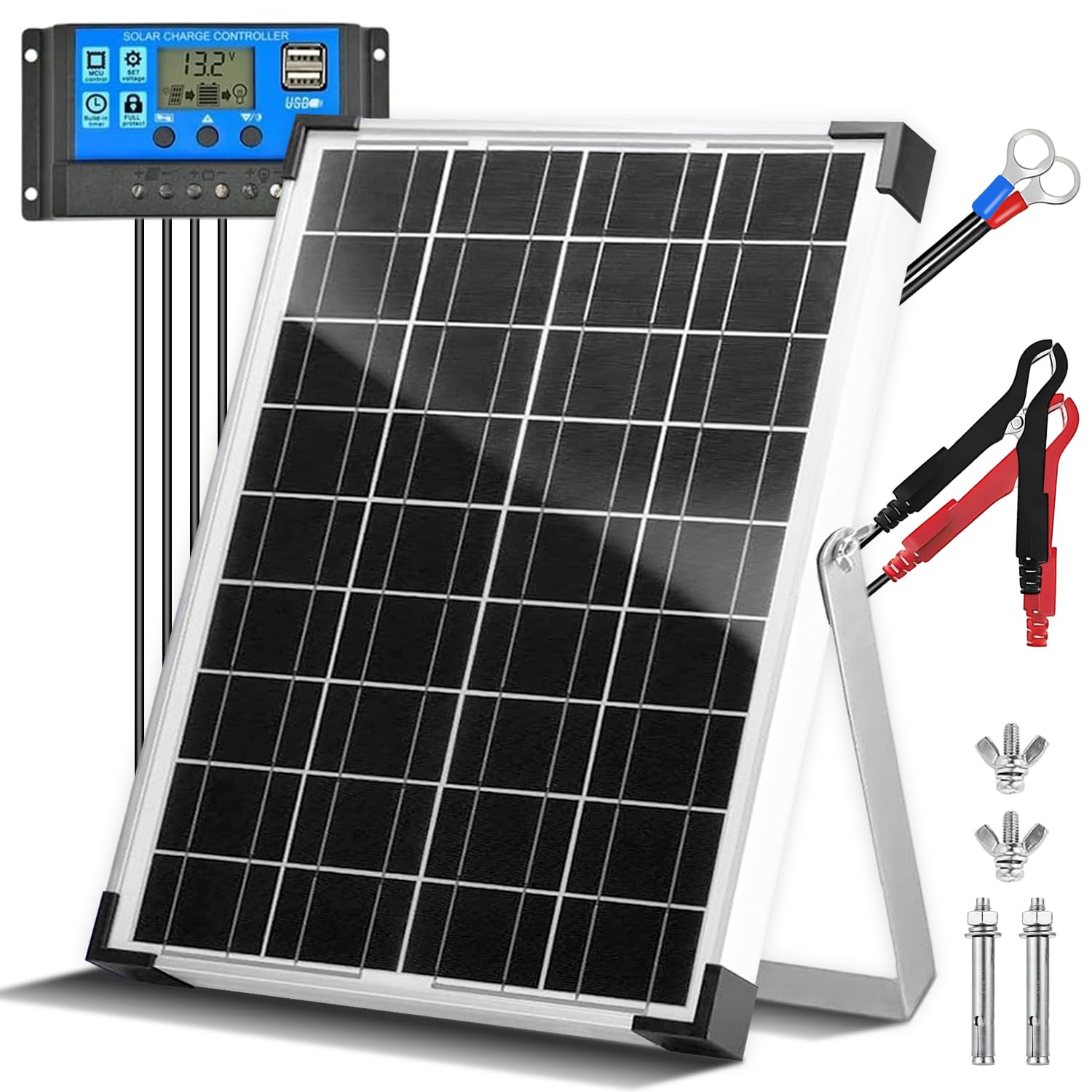 20W 12V/24V Solar Panel Kit, Monocrystalline Solar Battery Trickle Charger Maintainer +10A PWM Charge Controller + Adjustable Mount Bracket for Car, RV, Boat, Motorcycle, Off-Grid System-picture-36