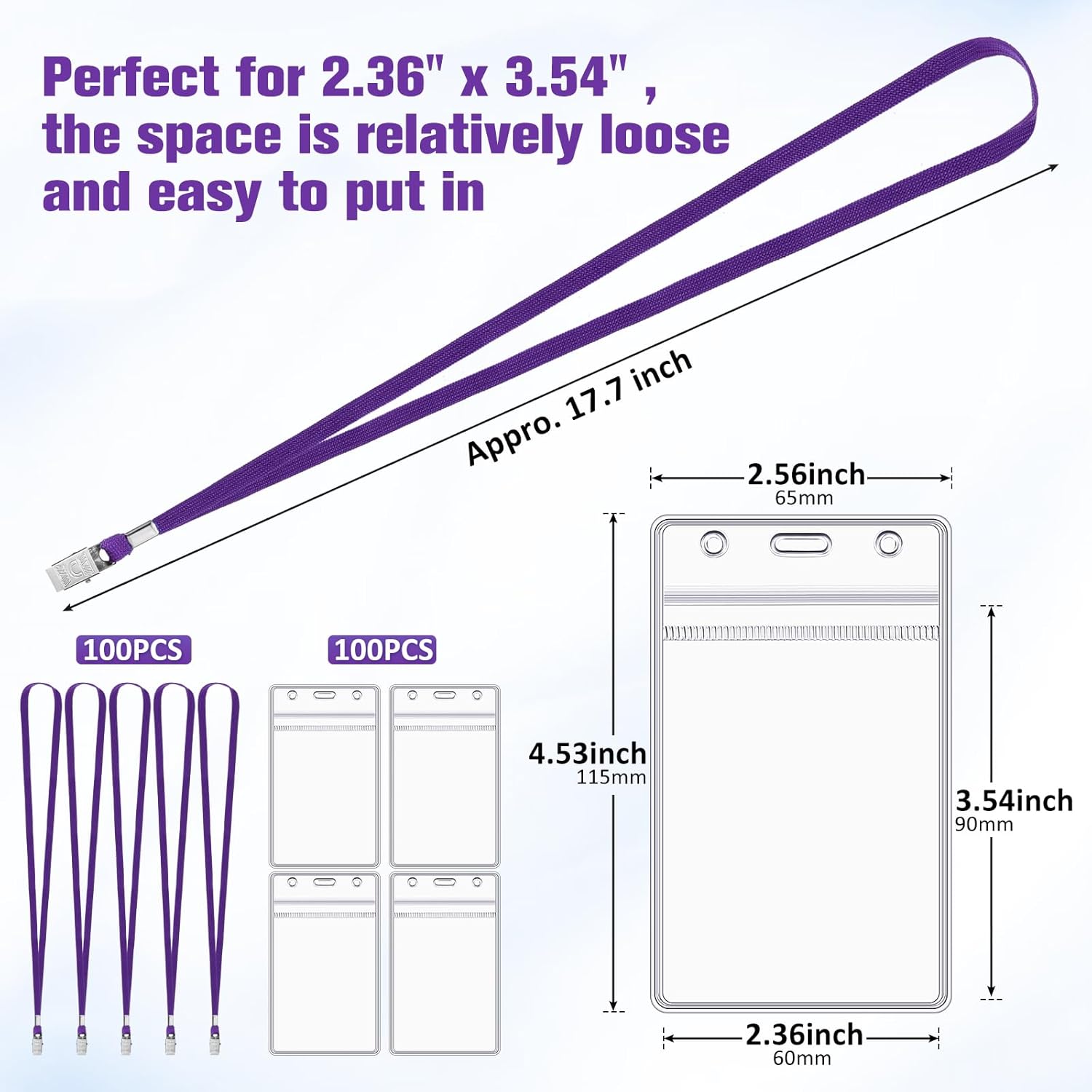 Marspark 200 Pcs Name Tag Lanyards with ID Holder Lanyards for ID Badges Resealable Flat Neck Name Tag with Clip Waterproof Plastic Clear Badges Bulk for School Office Supplies (Purple) - Image 2