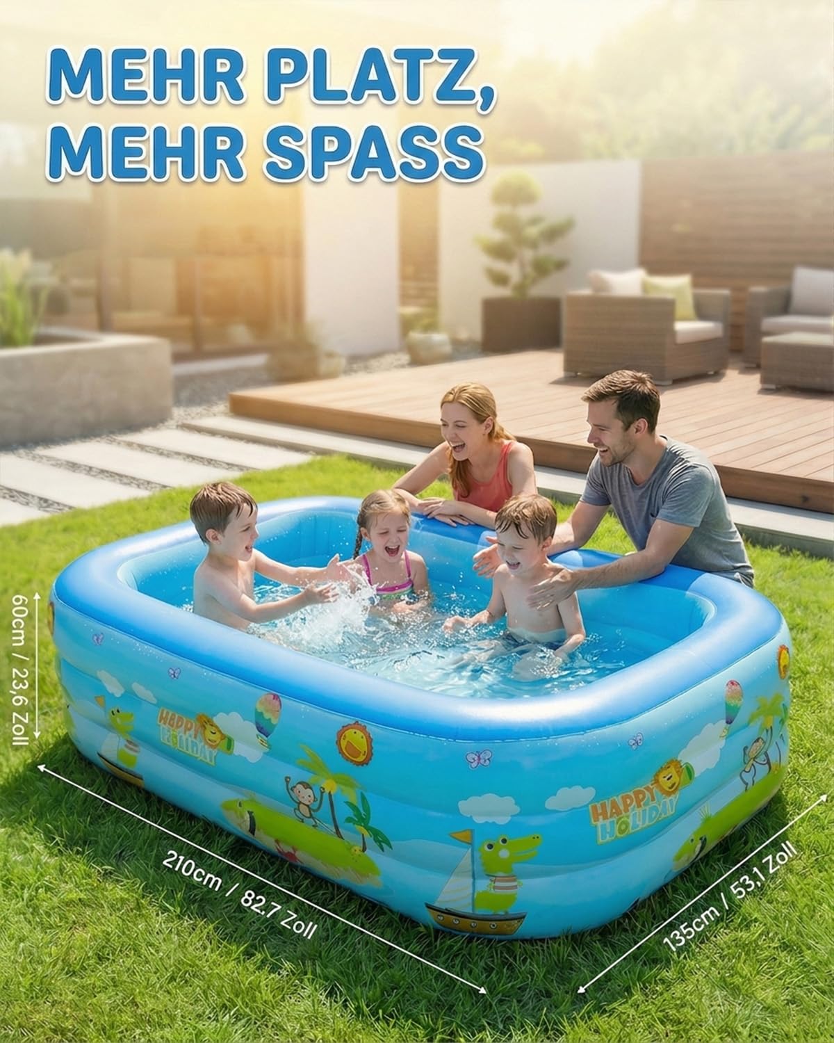 Aufblasbares Planschbecken, 210×135×60CM Planschbecken Kinderpool, Verdicktes PVC-Material Aufblasbarer Kinderpool, 3 Ringen Planschbecken, Tragbare Schwimmbecken für Outdoor Garten