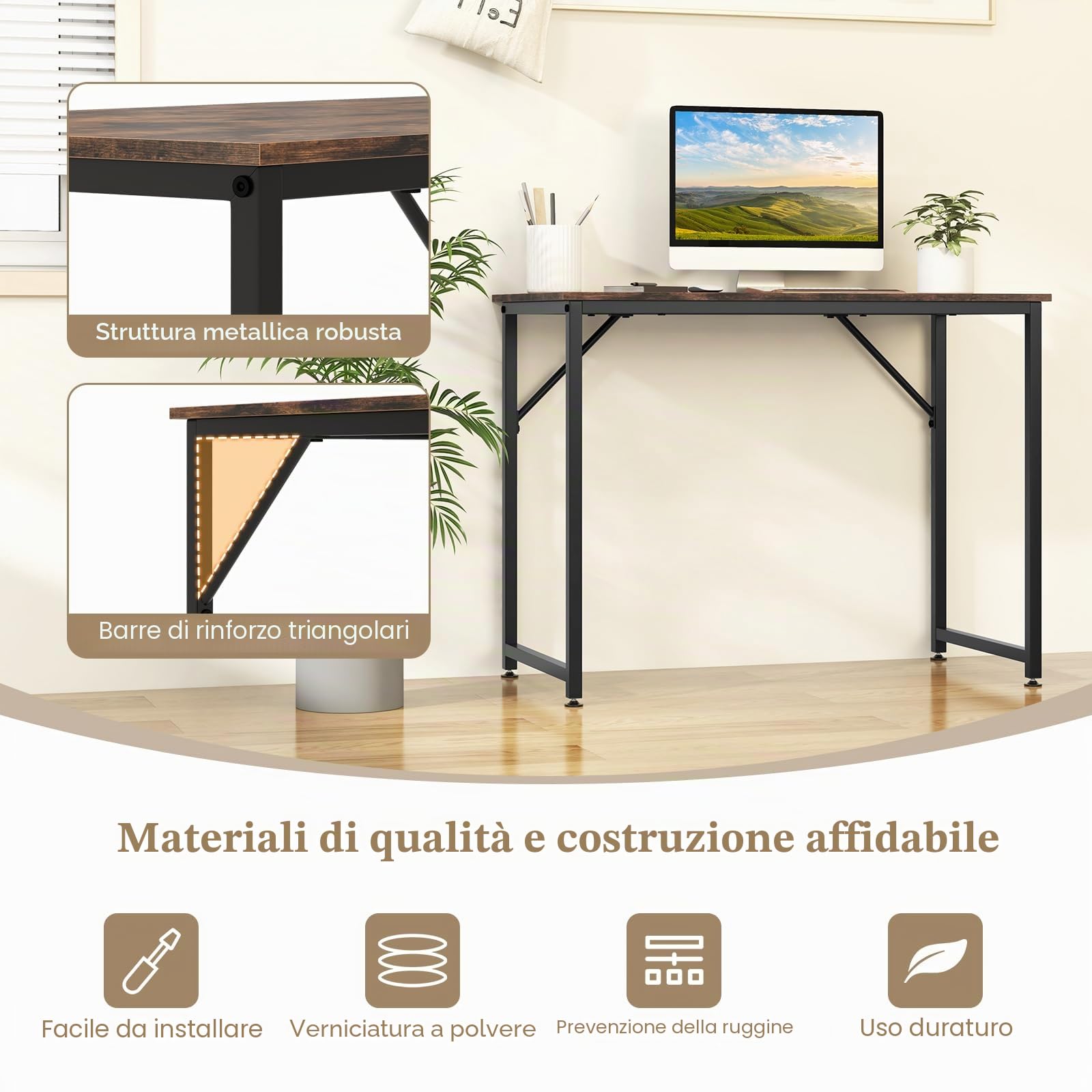 FANTASK Scrivania, Tavolo da ufficio 100-cm-Desktop, Piccolo tavolo per computer (Marrone rustico)